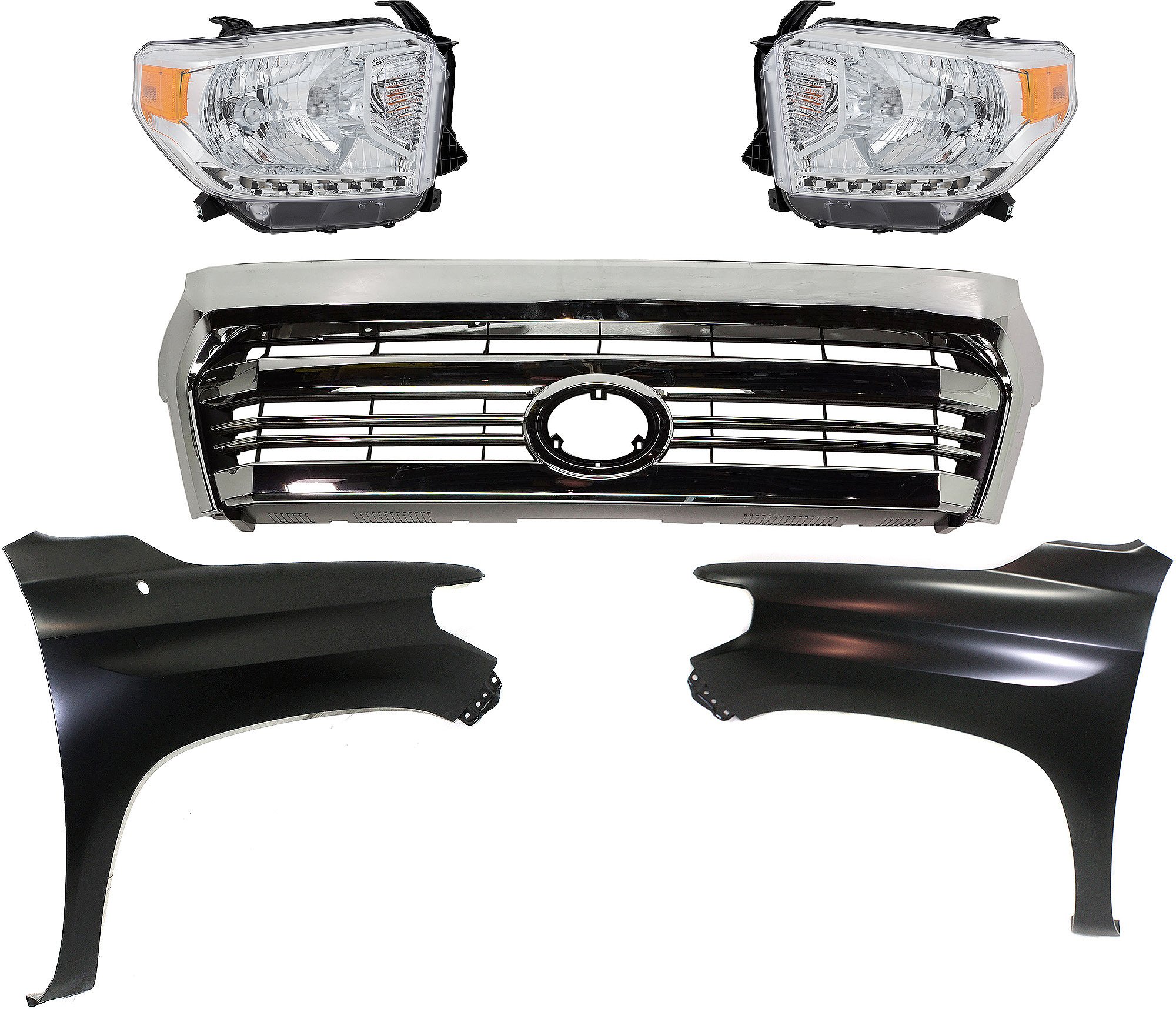Grille Kit with Fenders and Headlights for 2016-2017 Toyota Tundra, 5-Piece Replacement Set