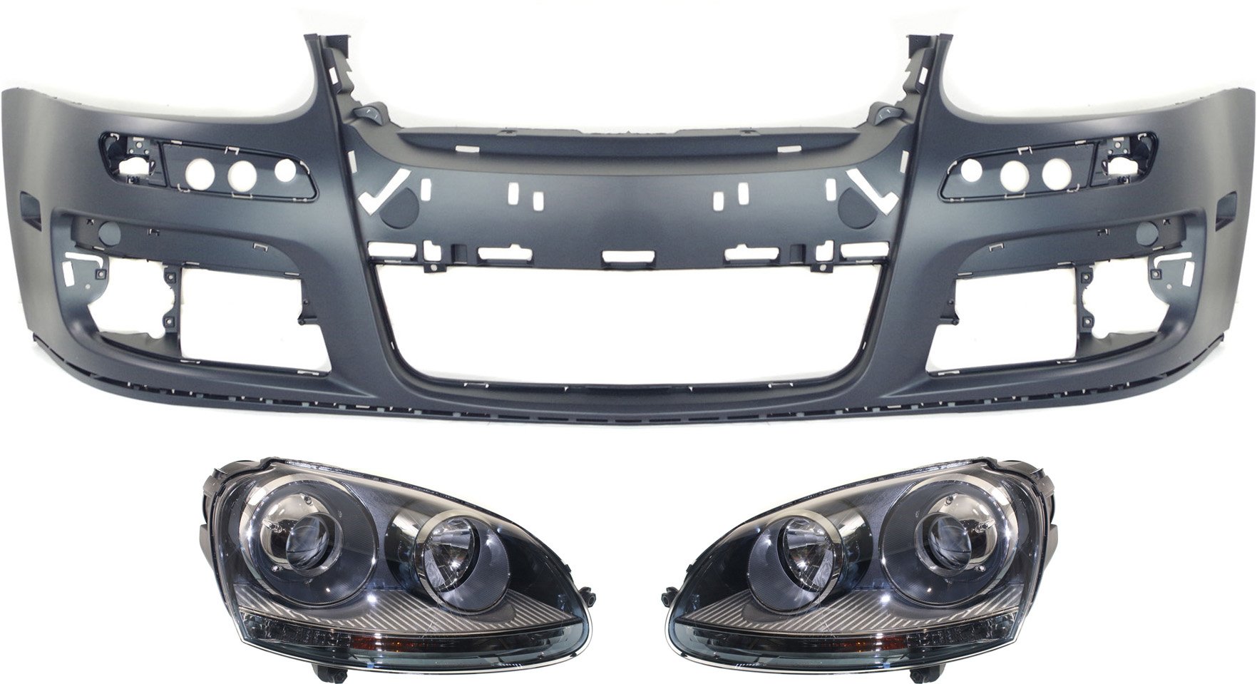 Headlight Kit for 2005-2010 Volkswagen Jetta / 2006-2007 GTI, Right (Passenger) and Left (Driver) Side, Lens and Housing, Xenon, 3-Piece with Bumper Cover Replacement