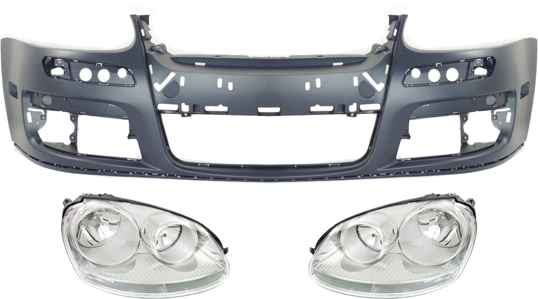 Headlight Assembly Kit for Volkswagen Jetta 2005-2010 / GTI 2006-2007, Right (Passenger) and Left (Driver), Halogen, 3-Piece with Bumper Cover, Replacement