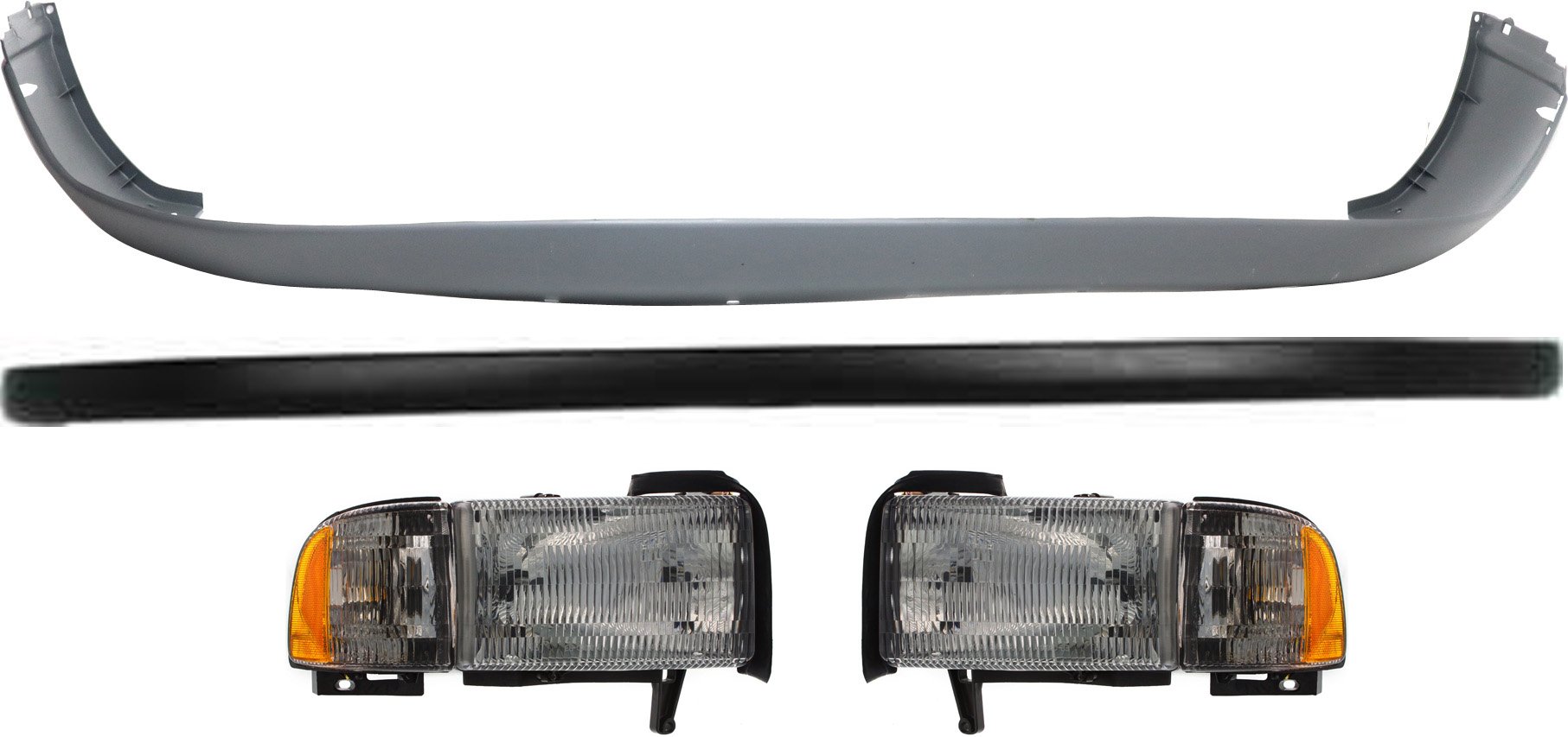 Headlight Assembly Kit for Dodge Full Size Pickup 1994-2002, Right (Passenger) and Left (Driver) Halogen 4-Piece Set with Bumper Covers, Replacement
