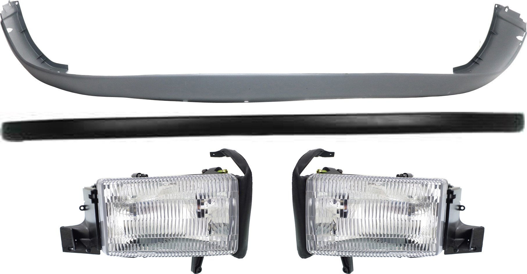 Headlight Assembly for Dodge Full Size Pickup 1994-2002, Right (Passenger) and Left (Driver), Halogen 4-Piece Kit, with Bumper Covers, Replacement