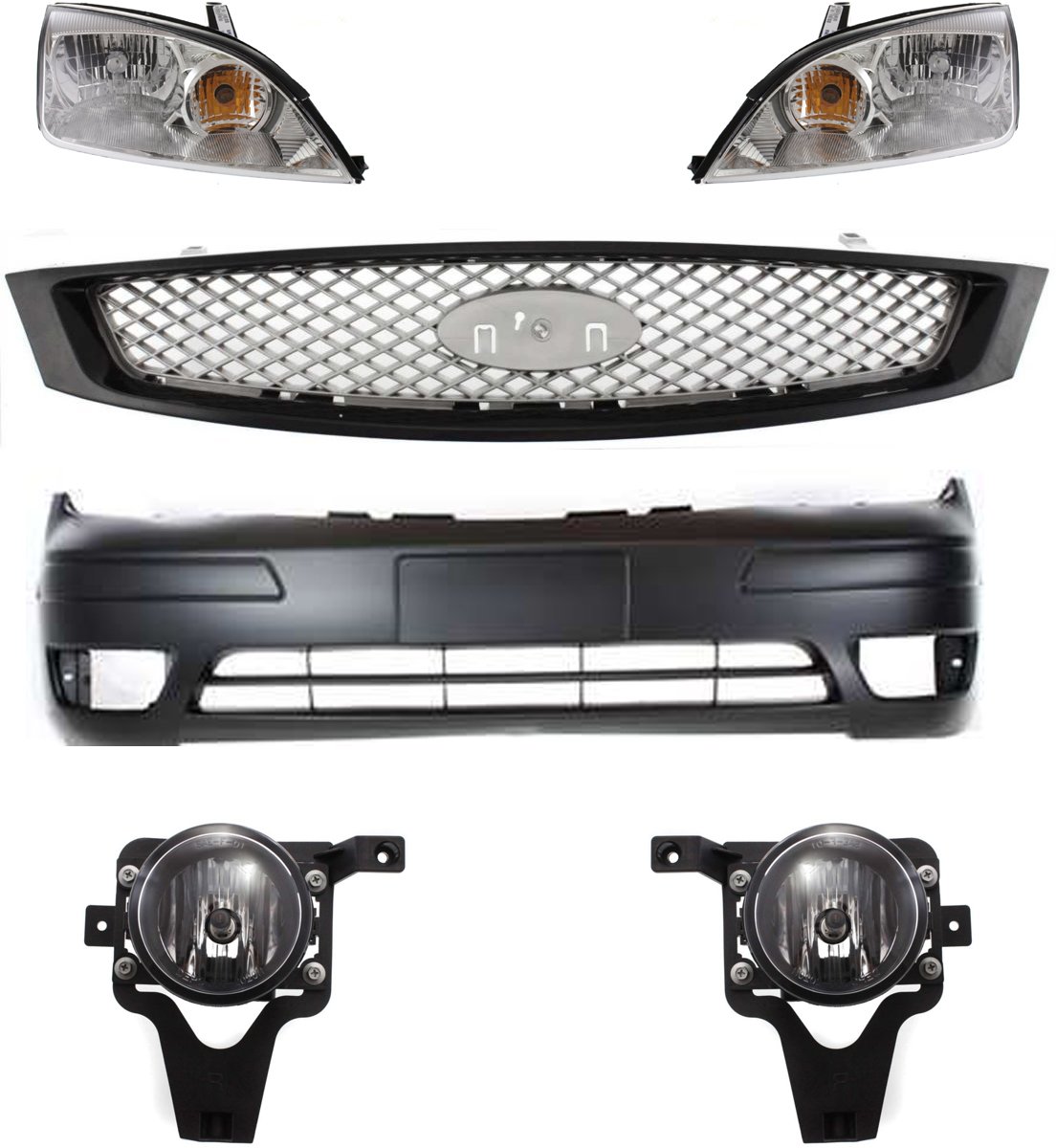 Headlight Assembly Kit for 2005-2007 Ford Focus, Right (Passenger) and Left (Driver), Halogen, 6-Piece with Bumper Cover, Fog Lights, and Grille Assembly Replacement