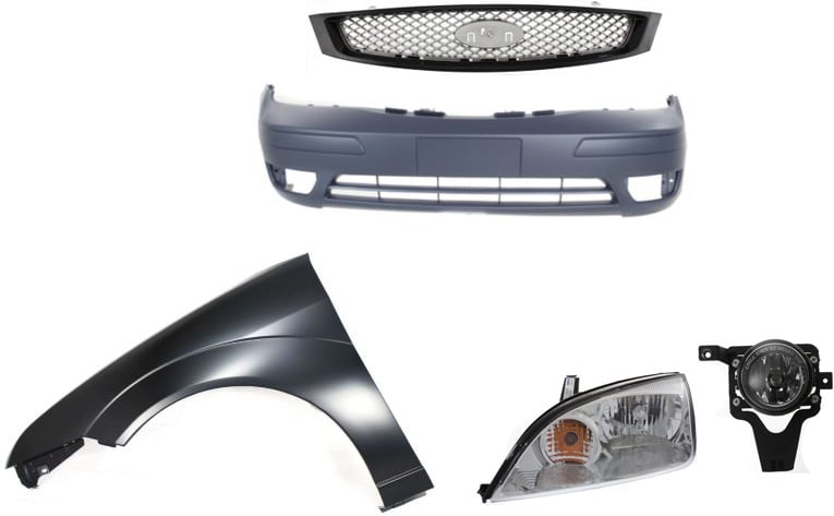 Headlight Assembly Kit for 2005-2007 Ford Focus, Left (Driver) Side, Halogen, 5-Piece Kit with Bumper Cover, Fender, Fog Light, Grille Assembly, Replacement