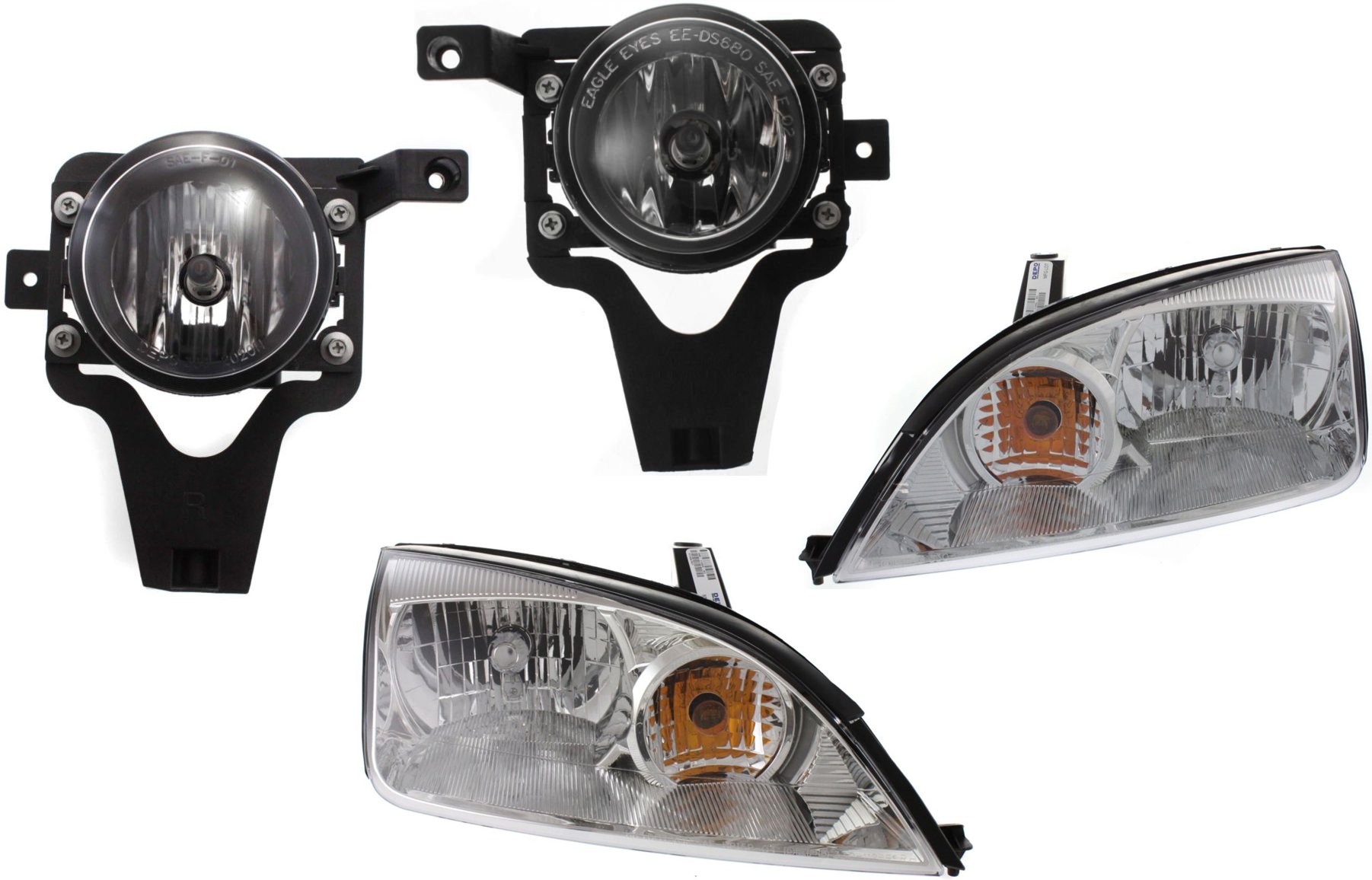Headlight Assembly for 2005-2007 Ford Focus, Right (Passenger) and Left (Driver), Halogen, 4-Piece kit with Fog Lights, Replacement