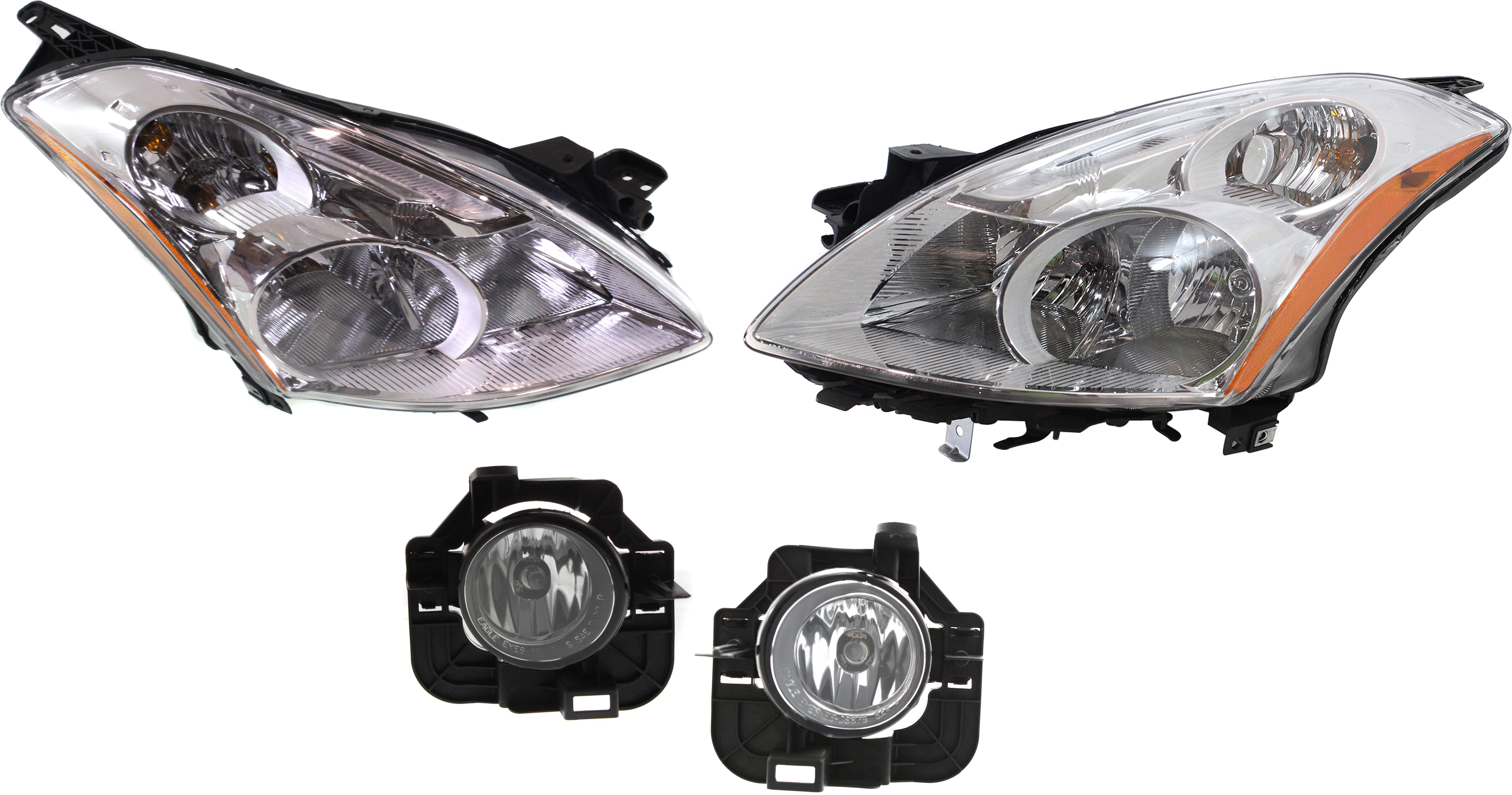 Headlight Assembly for 2010-2012 Nissan Altima, Right (Passenger) and Left (Driver), Halogen, 4-Piece Kit with Fog Lights, Replacement