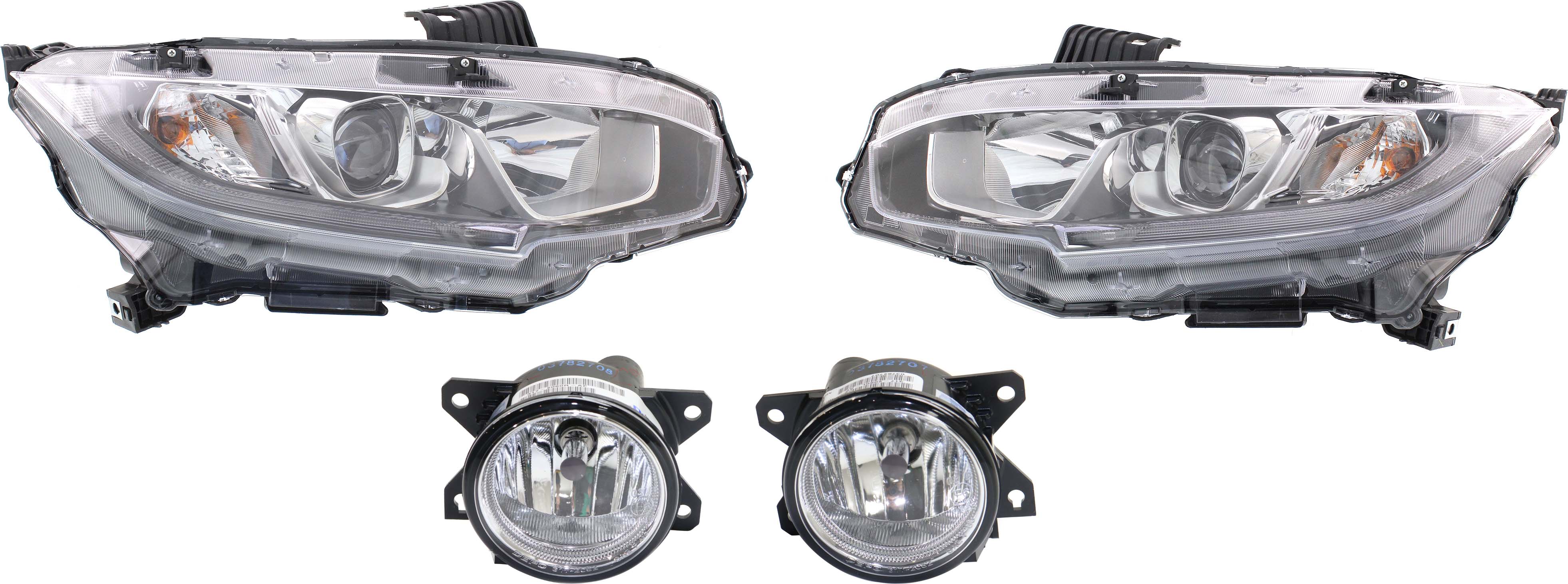 Headlight Assembly Kit for 2016-2020 Honda Civic, Right (Passenger) and Left (Driver), Halogen, 4-Piece with Fog Lights, Replacement