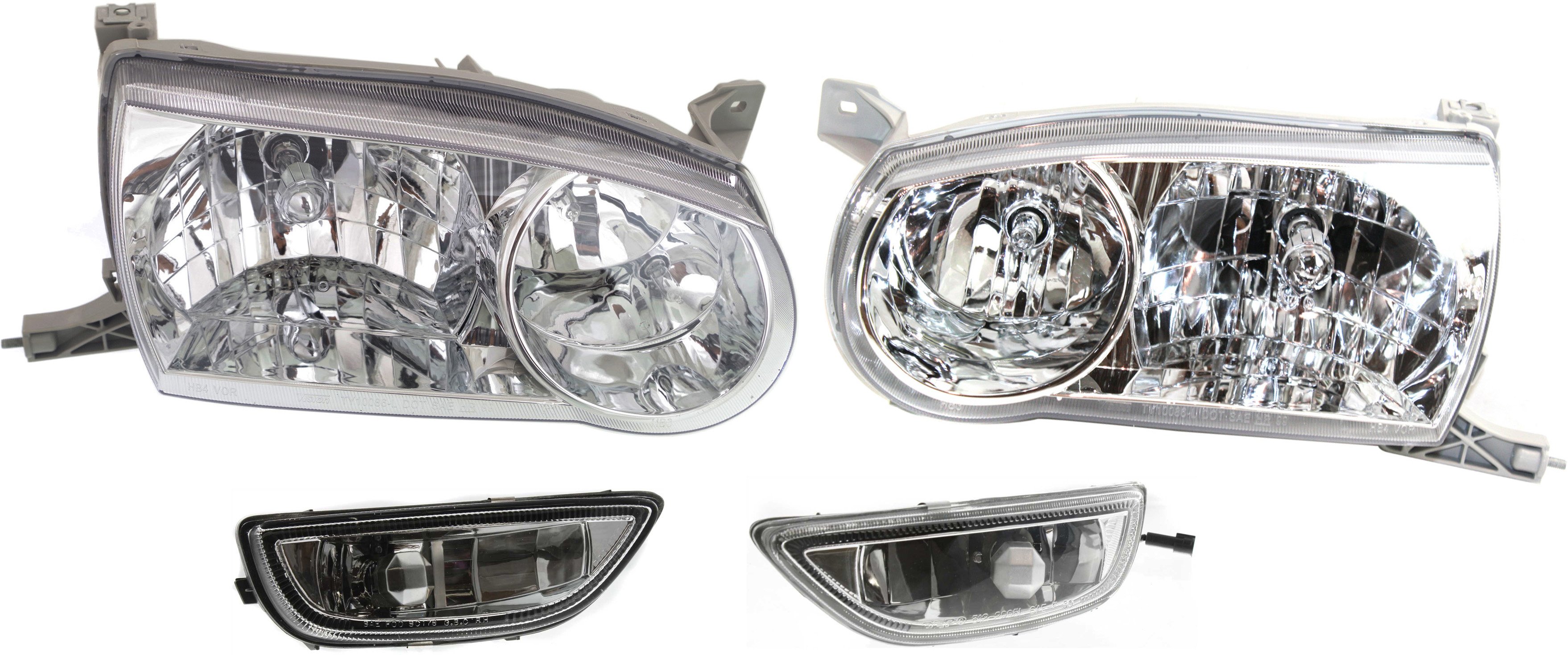Headlight Assembly for 2001-2002 Toyota Corolla, Right (Passenger) and Left (Driver), 4-Piece Halogen Kit with Fog Lights, Replacement