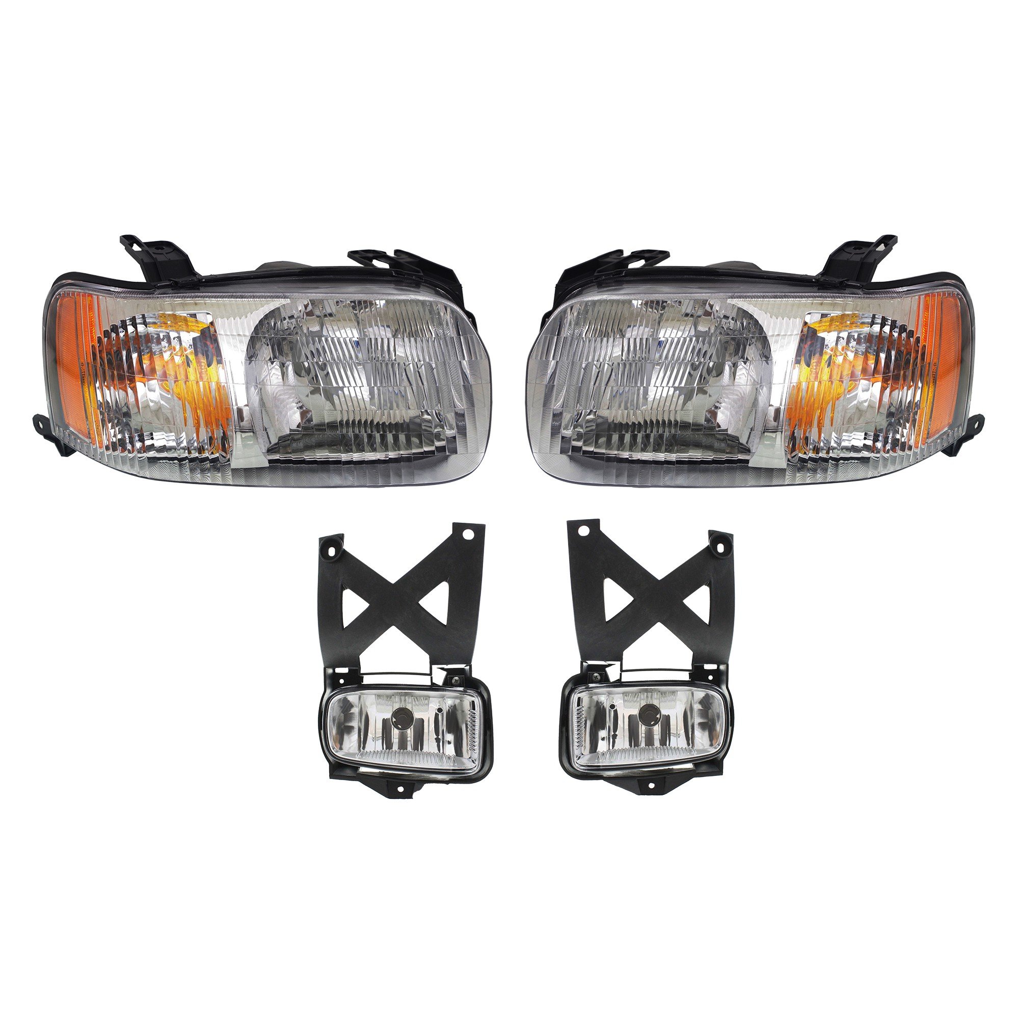 Headlight Assembly Kit for 2001-2004 Ford Escape, Right (Passenger) and Left (Driver), Halogen, 4-Piece with Fog Lights, Replacement