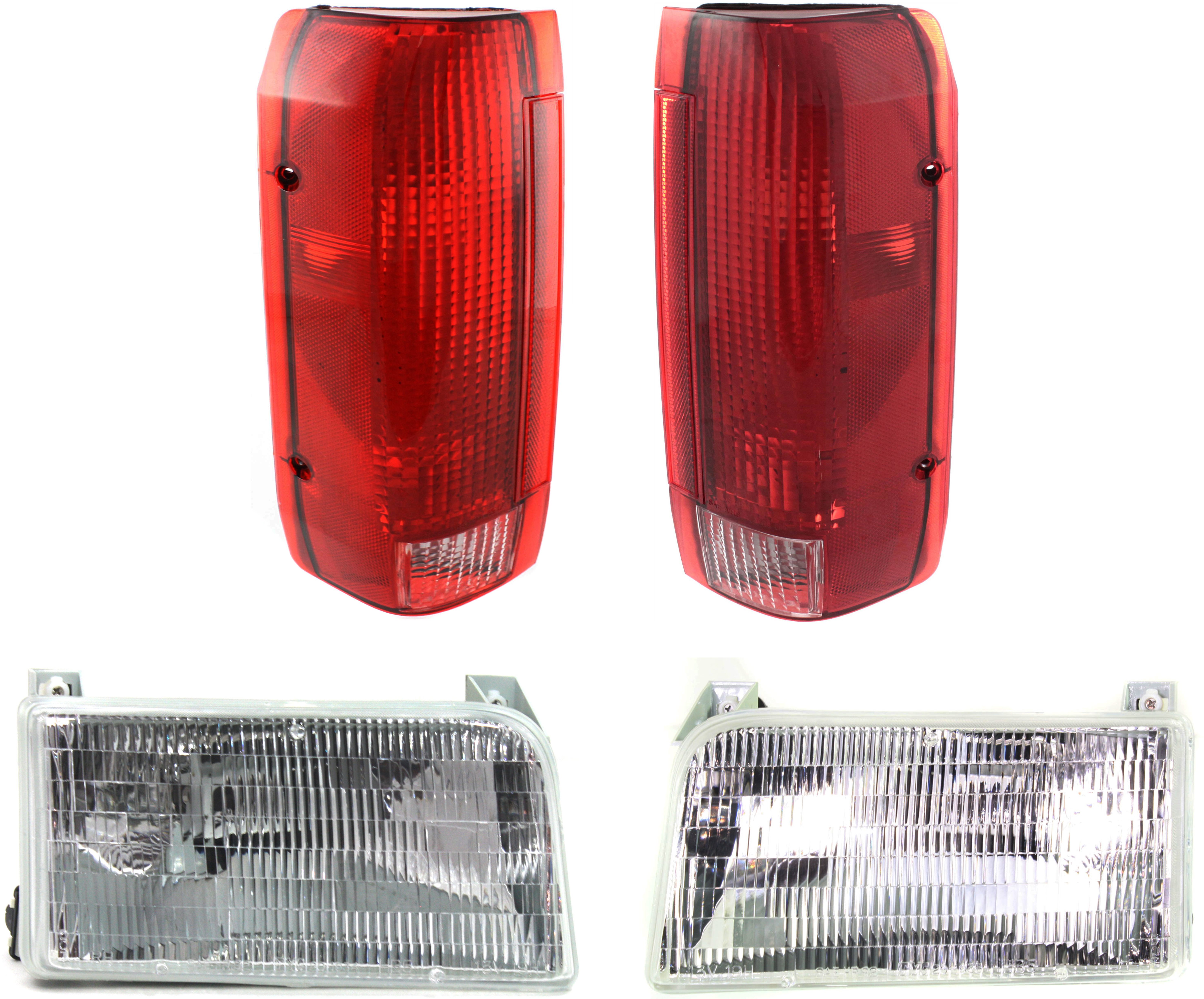 Headlight and Tail Light Assembly Kit for 1992-1997 Ford F-Series, Right (Passenger) and Left (Driver), Halogen, 4-Piece Kit, Replacement, F-150, F-250, F-350