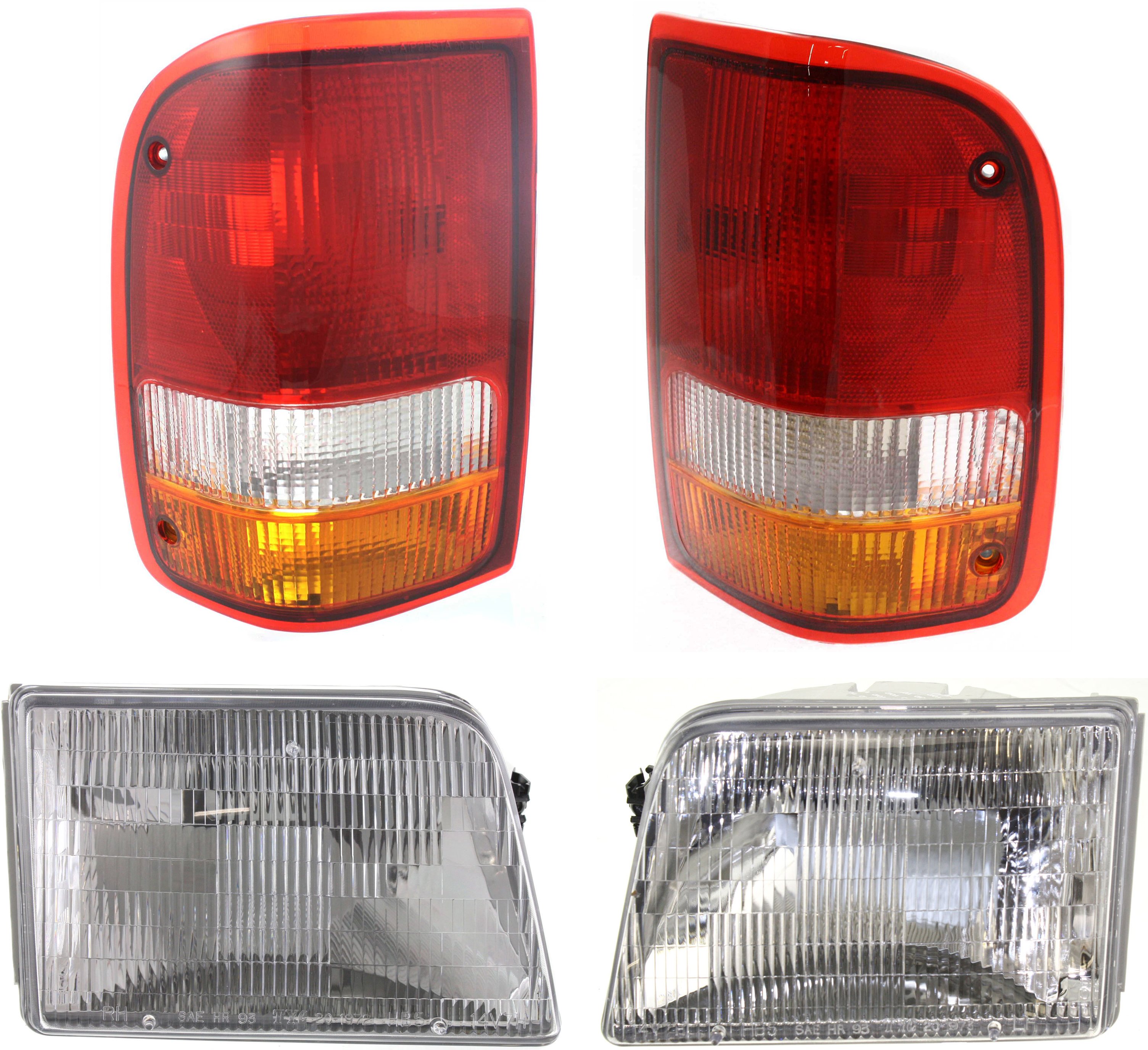 Headlight and Tail Light Assembly for 1993-1997 Ford Ranger, Right (Passenger) and Left (Driver), Halogen, 4-Piece kit, Replacement