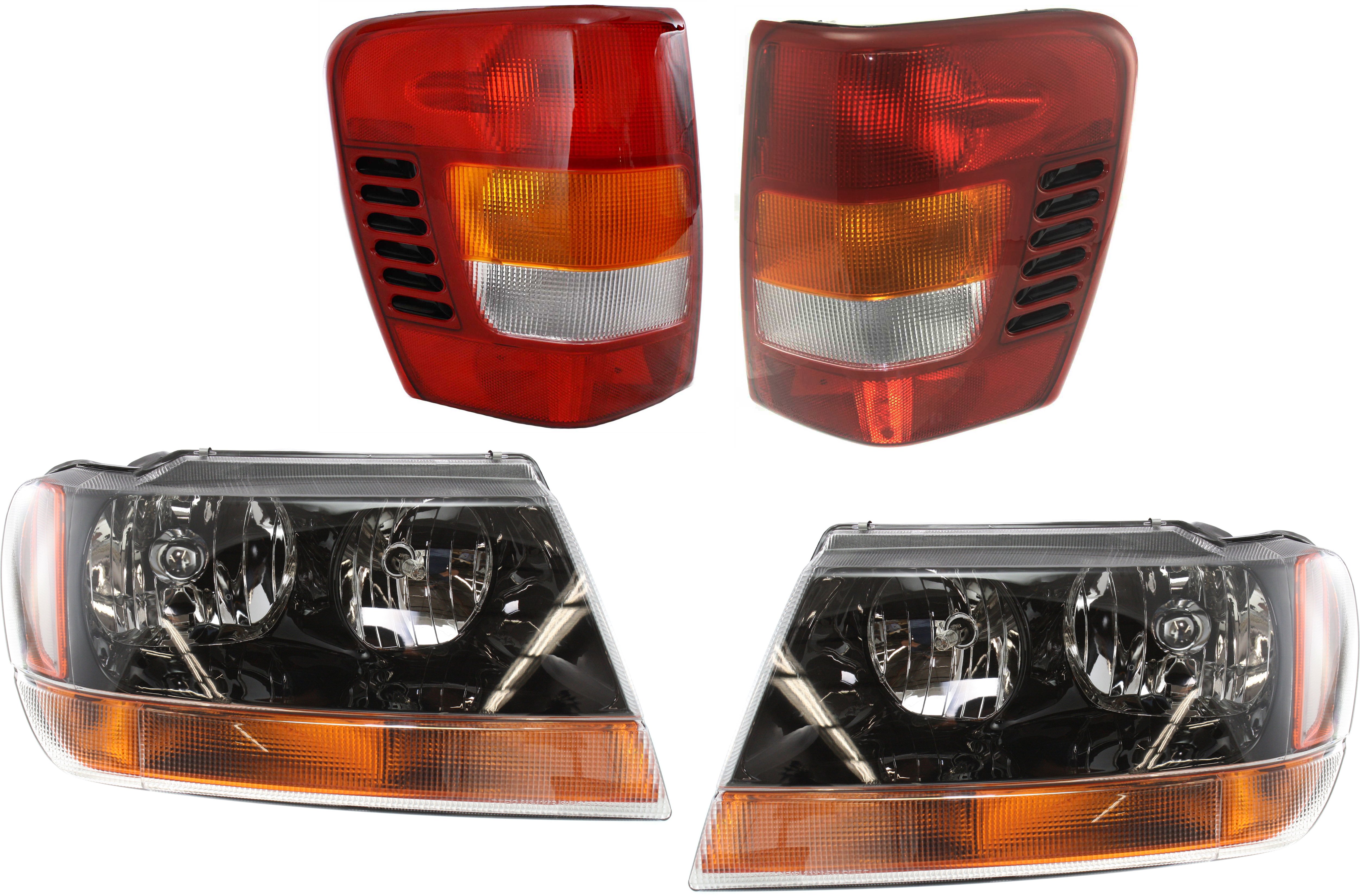 Headlight and Tail Light Assembly Kit for 1999-2003 Jeep Grand Cherokee - Right (Passenger), Left (Driver), 4-Piece, Halogen, Replacement