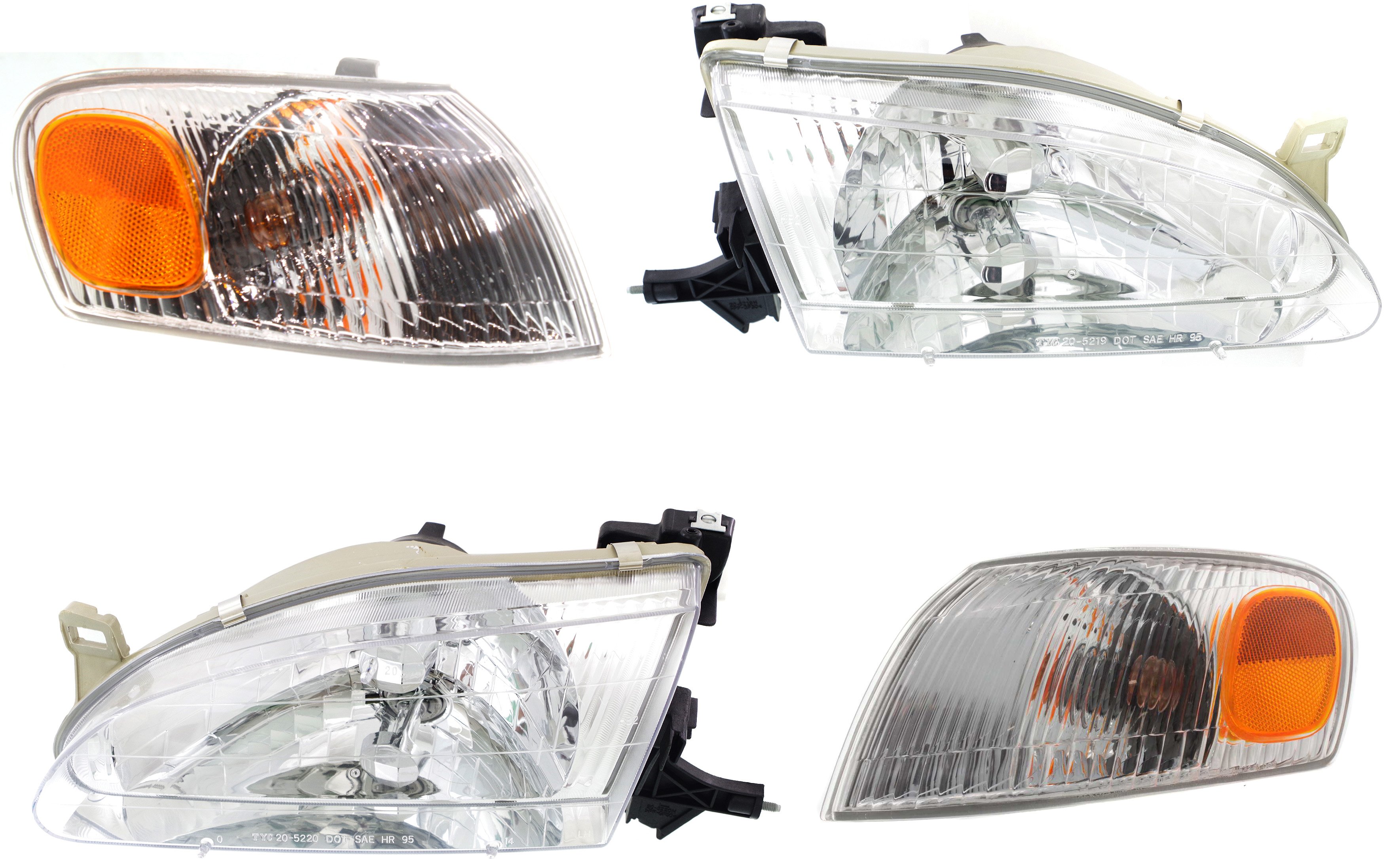 Headlight Assembly Kit for 1998-2000 Toyota Corolla, Right (Passenger) and Left (Driver), Halogen, 4-Piece kit with Corner Lights, Replacement