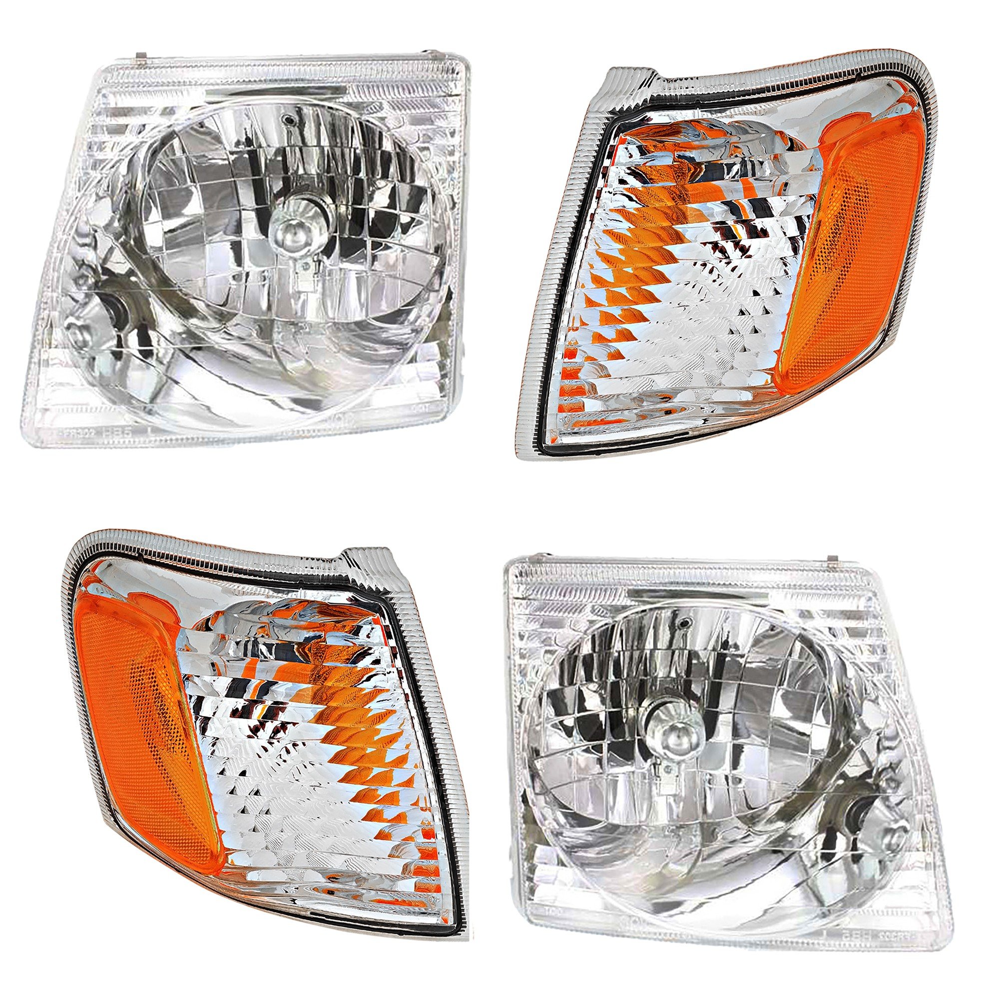 Headlight Assembly Kit for Ford Explorer Sport 2001-2003 / Explorer Sport Trac 2001-2005, Right (Passenger) and Left (Driver), with Corner Lights, 4-Piece Kit, Halogen Replacement