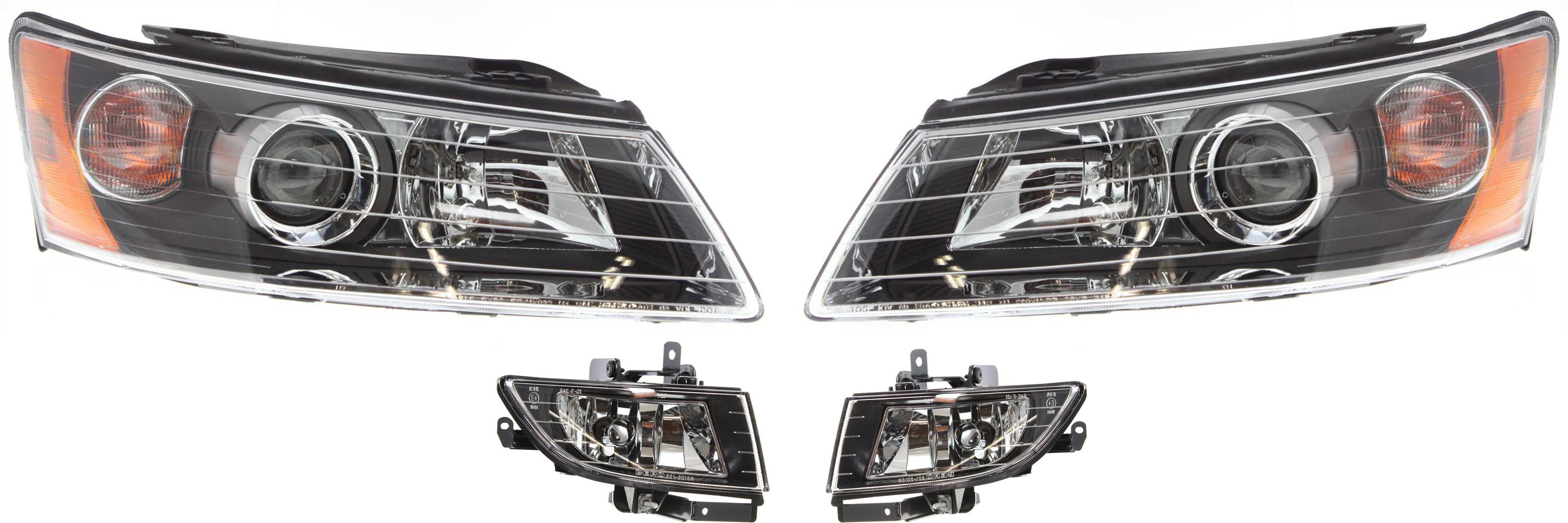Headlight Assembly for 2006-2008 Hyundai Sonata, Right (Passenger) and Left (Driver), Halogen, 4-Piece Kit with Fog Lights, Replacement