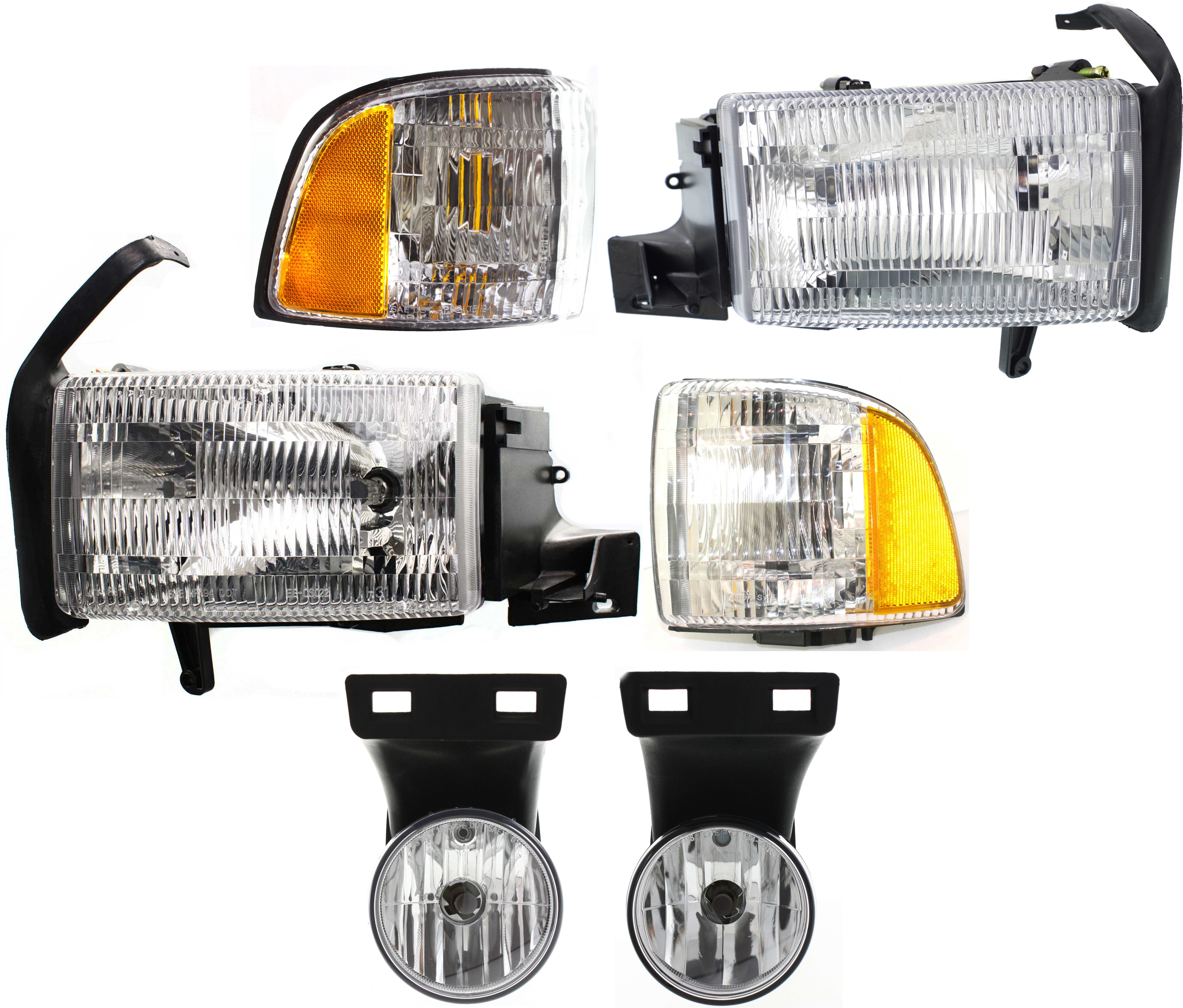 Headlight Assembly Kit for Dodge Full Size Pickup 1999-2002, Right (Passenger) and Left (Driver), Halogen, 6-Piece with Corner and Fog Lights, Replacement