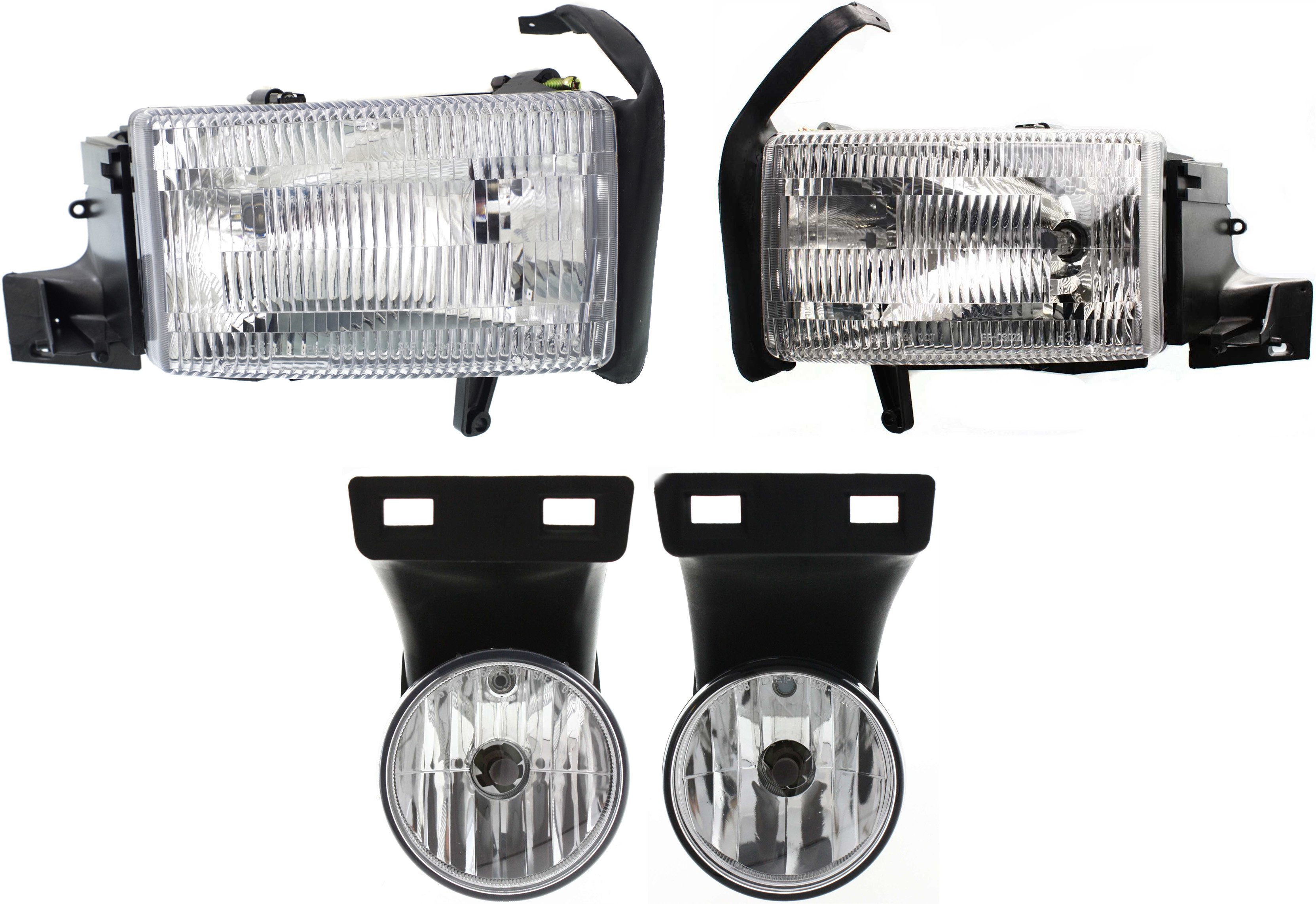 Headlight Assembly Kit for Dodge Full Size Pickup 1999-2002, Right (Passenger) and Left (Driver), Halogen, 4-Piece kit with Fog Lights, Replacement