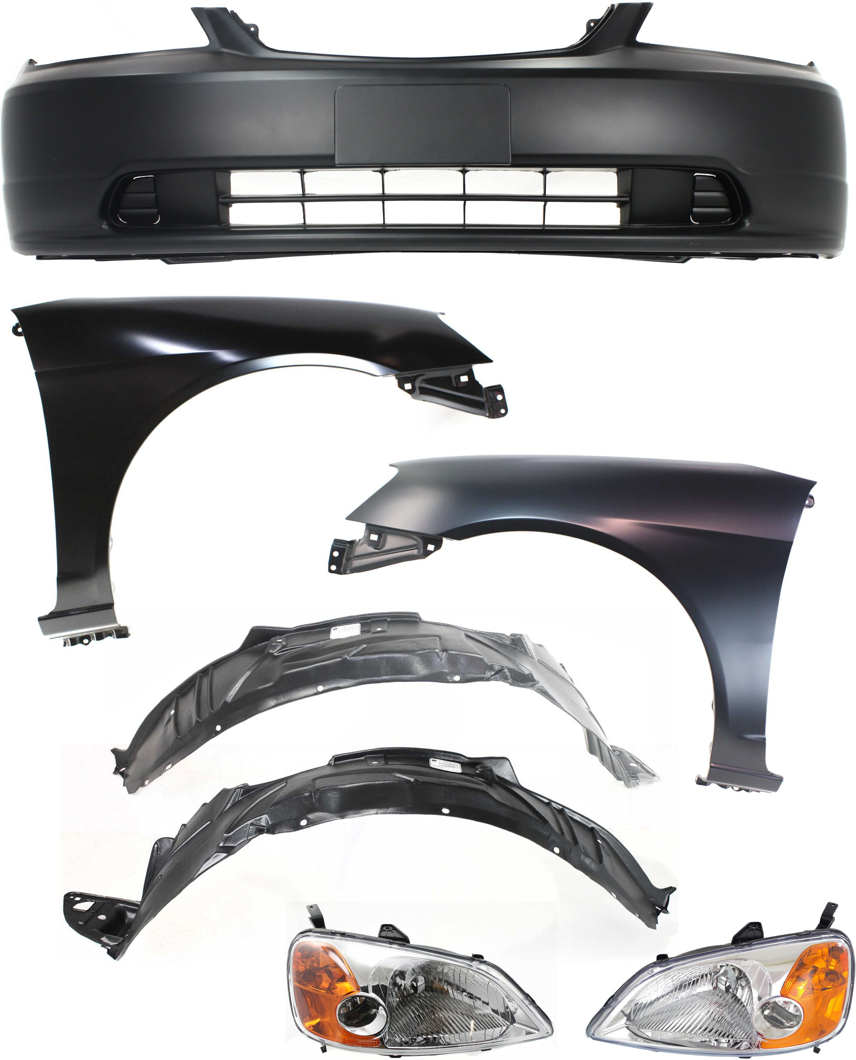 Headlight Assembly Kit for 2001-2003 Honda Civic, Right (Passenger) and Left (Driver), Halogen, 7-Piece with Fender Liners, Bumpers Cover, and Fenders, Replacement