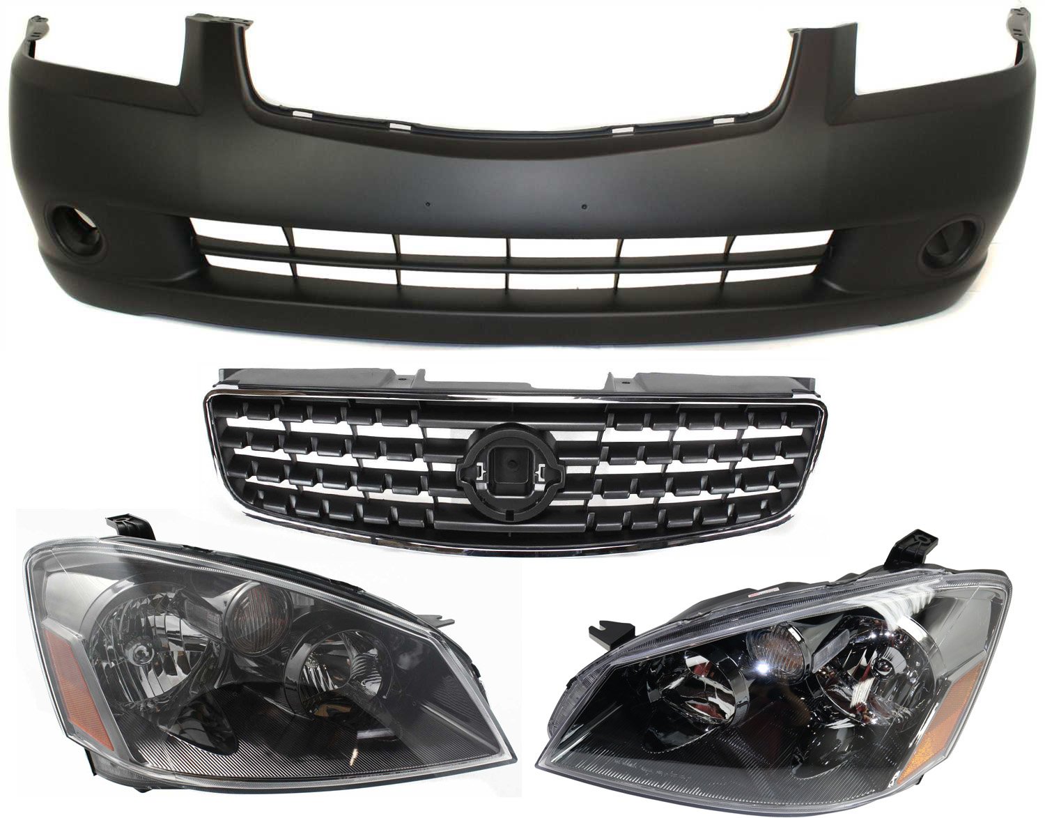 Headlight Assembly for 2005-2006 Nissan Altima, Right (Passenger) and Left (Driver), Halogen 4-Piece Kit with Bumper Cover and Grille Assembly Replacement 