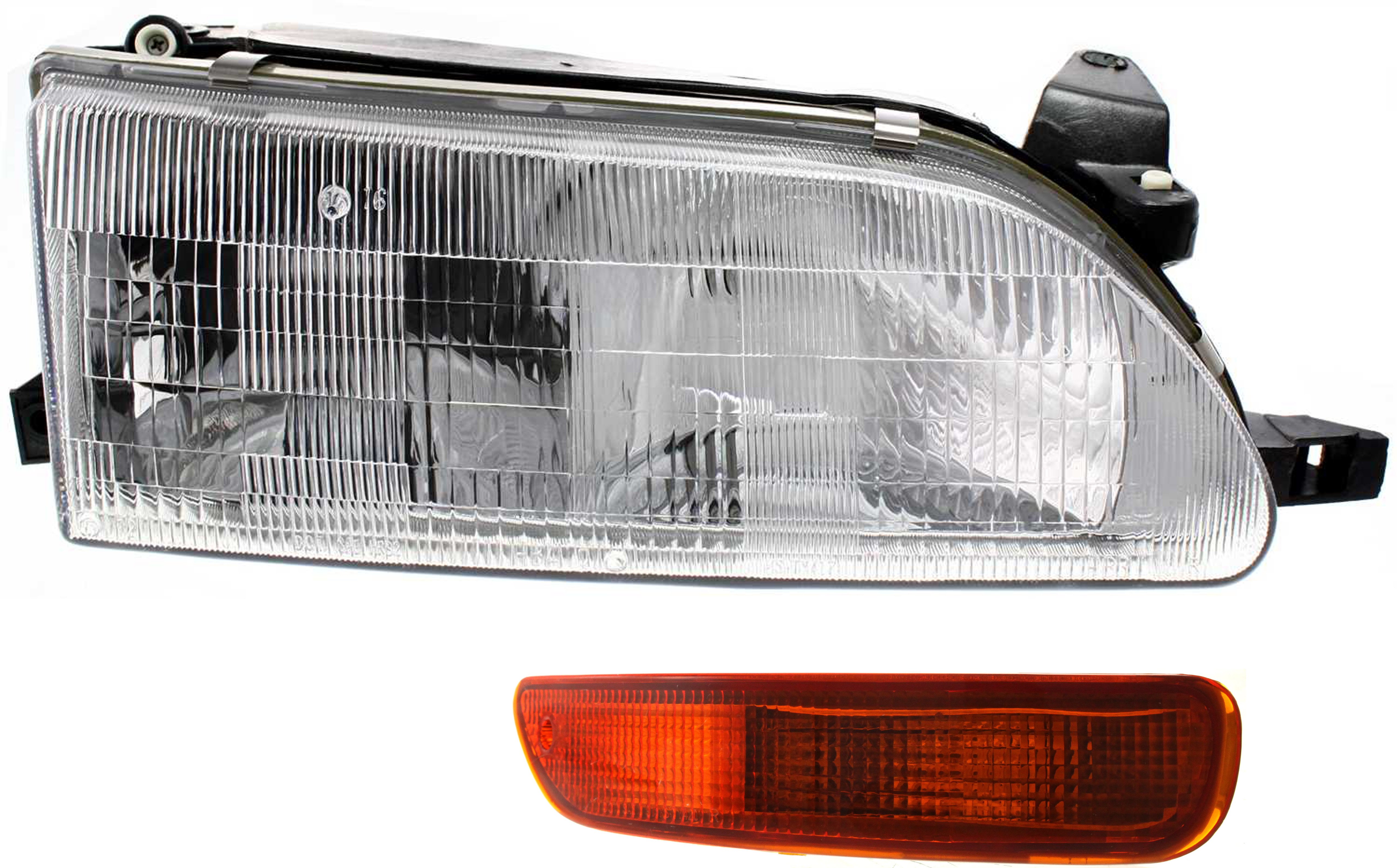 Headlight Assembly Kit for 1993-1997 Toyota Corolla, Right (Passenger) Side, Halogen, 2-Piece Set with Turn Signal Light, Replacement