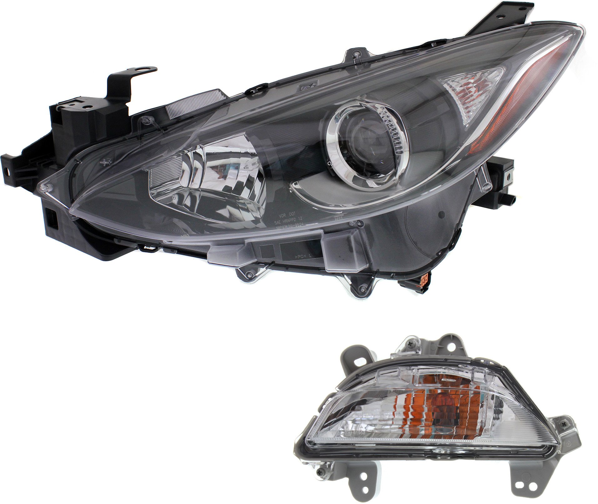 Headlight Assembly for Mazda 3 Sport/Mazda 3 2014-2016, Left (Driver) Halogen, 2-Piece Kit with Turn Signal Light, Replacement