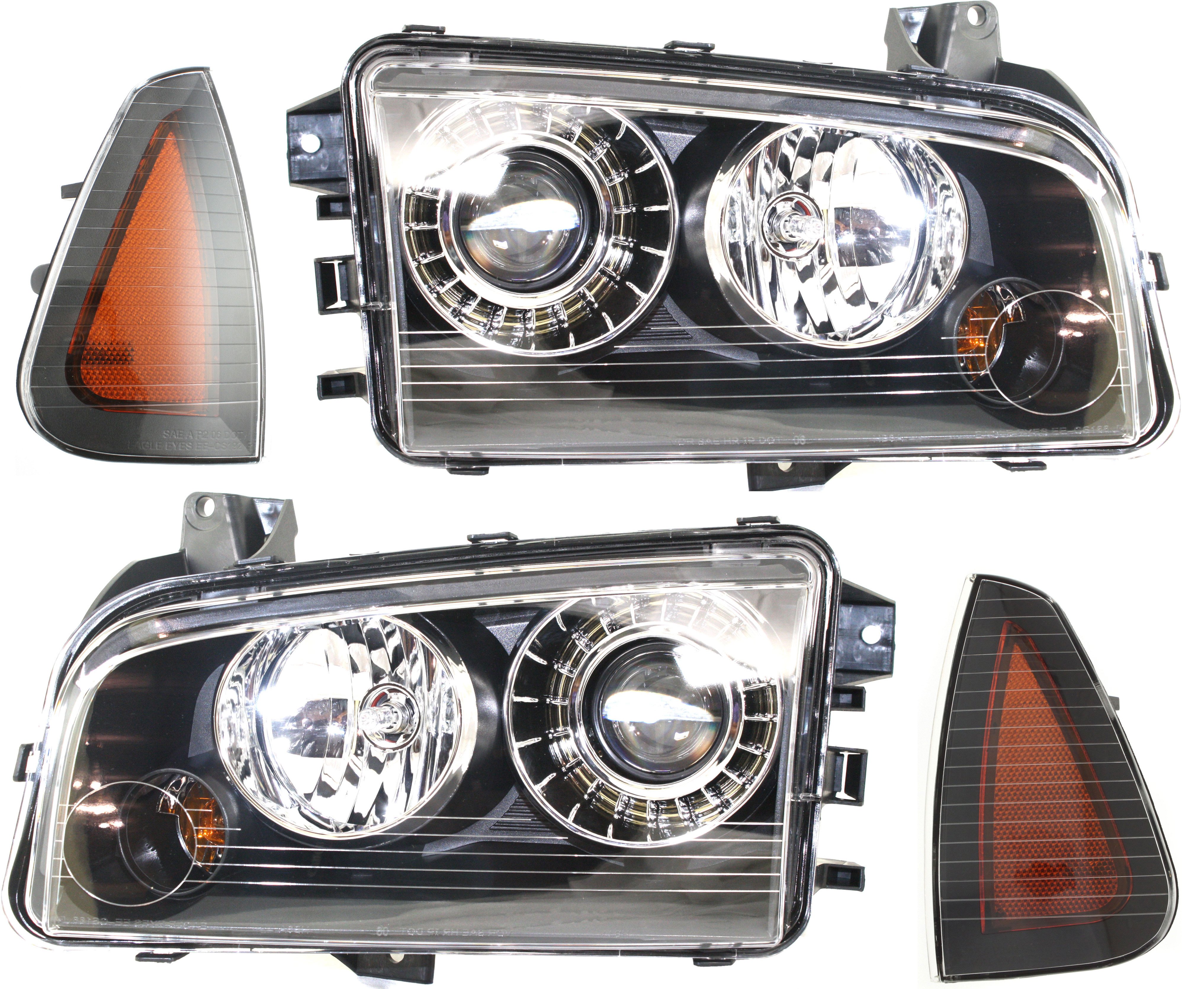 Headlight Kit for 2008-2010 Dodge Charger, Right (Passenger) and Left (Driver) Side, without Bulbs, 4-Piece Set, Includes Side Markers, Replacement