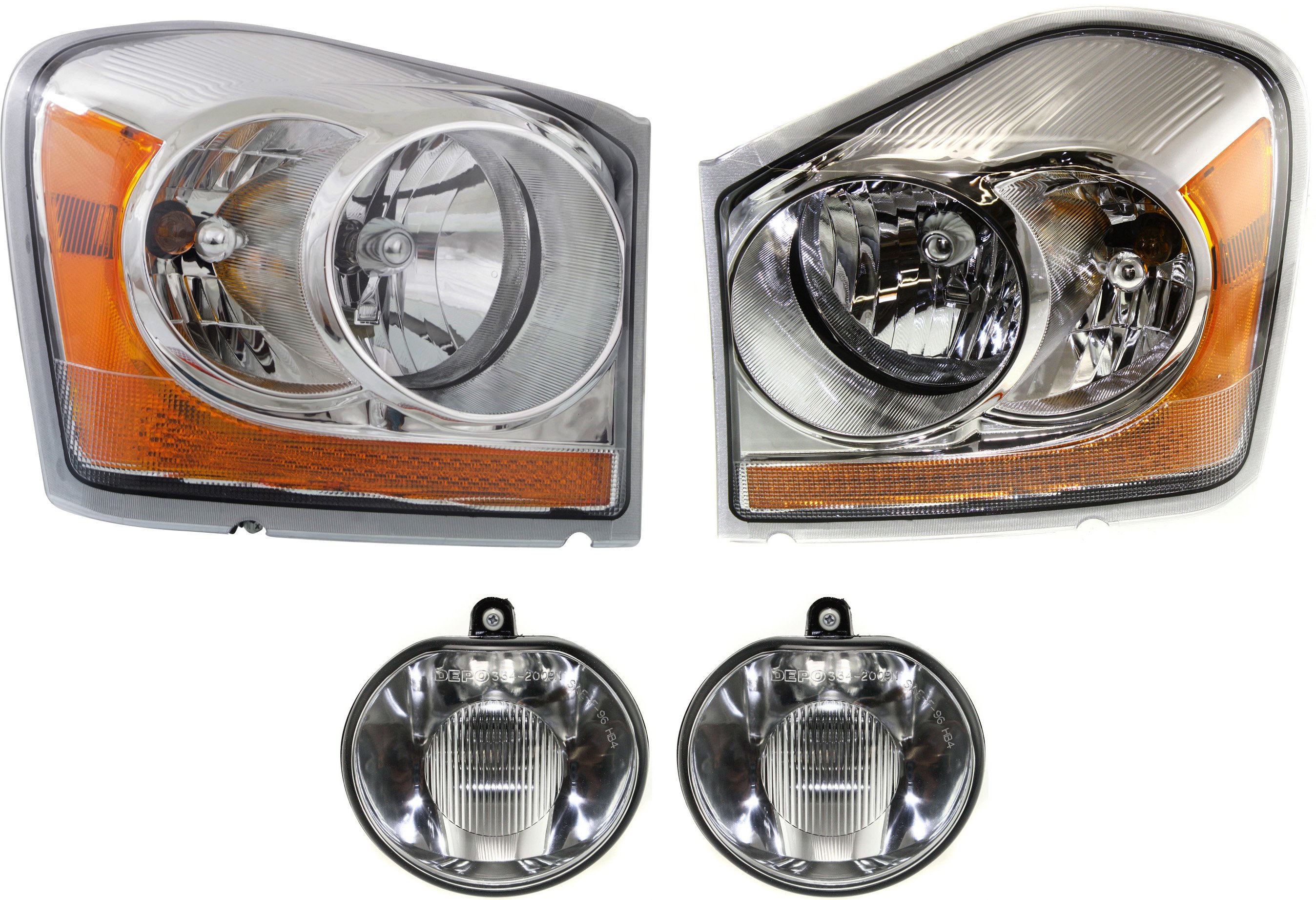 Headlight Assembly Kit for 2004-2005 Dodge Durango, Includes Right (Passenger) and Left (Driver) Halogen Headlights, 4-Piece kit with Fog Lights, Replacement