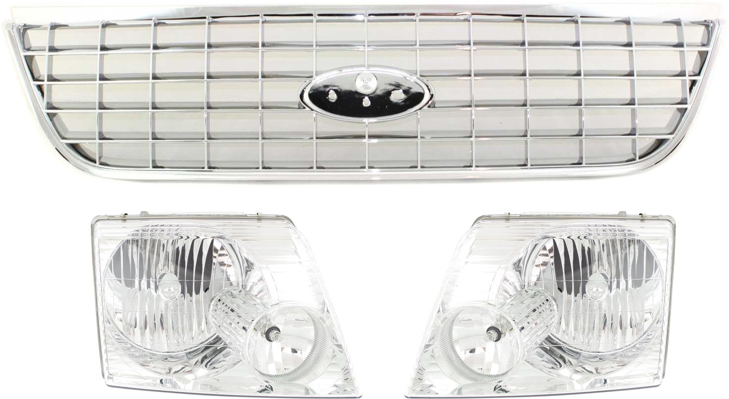 3-Piece Grille Kit with Headlights for Ford Explorer 2002-2005, Complete Replacement Set