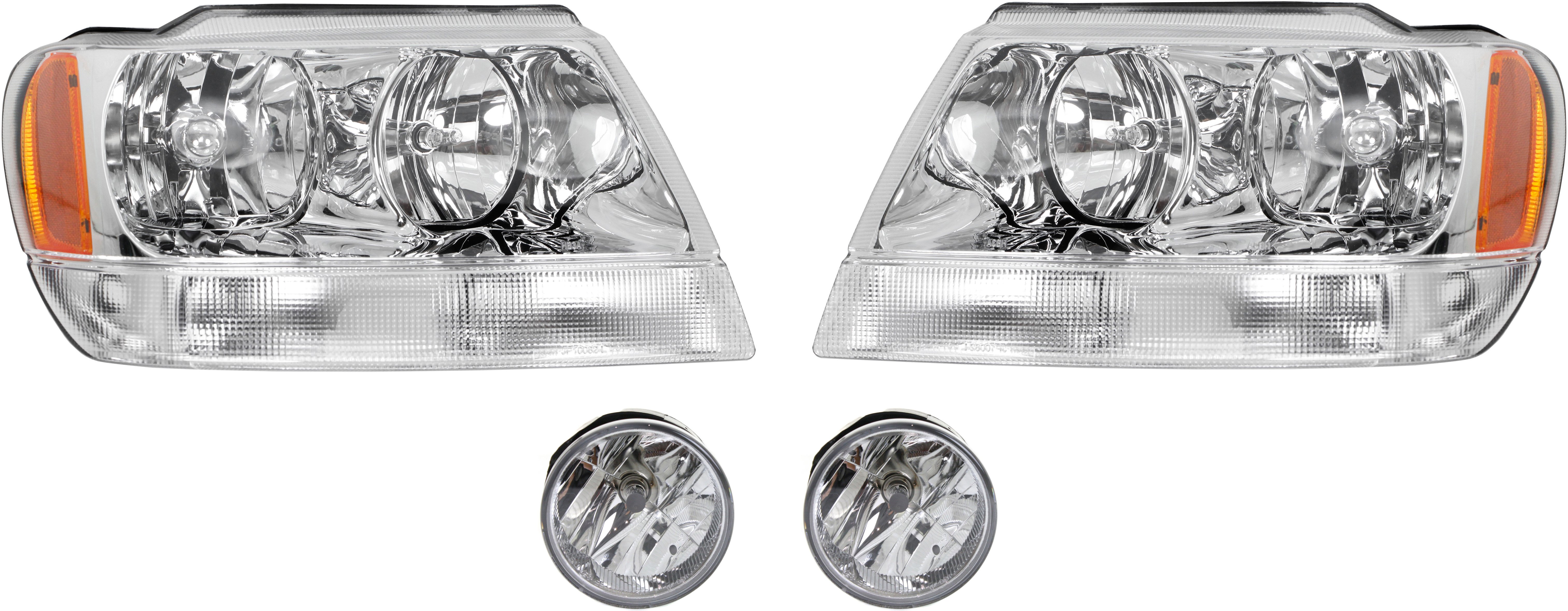 Headlight Assembly for Jeep Grand Cherokee 2004, Right (Passenger) and Left (Driver), Halogen, 4-Piece kit with Fog Lights, Replacement