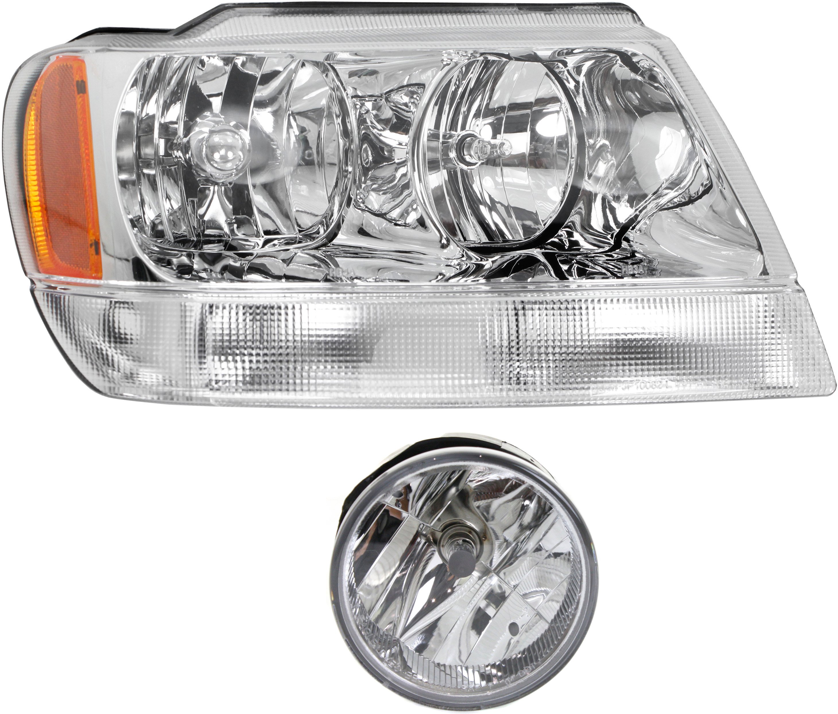 Headlight with Bulb and Fog Light for Jeep Grand Cherokee 2004, Right (Passenger) Side, 2-Piece Kit Replacement