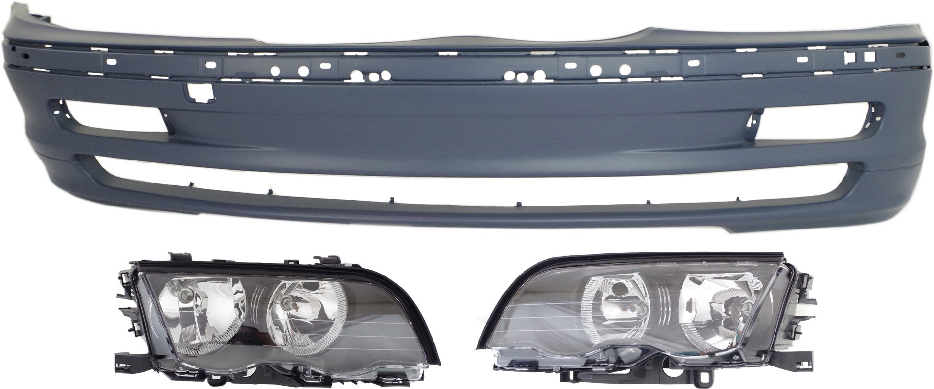 Headlight Assembly for BMW 3-Series (1999-2001) Right (Passenger) and Left (Driver), Halogen, 3-Piece kit with Bumper Cover Replacement Models included: 323i, 328i, 330i.