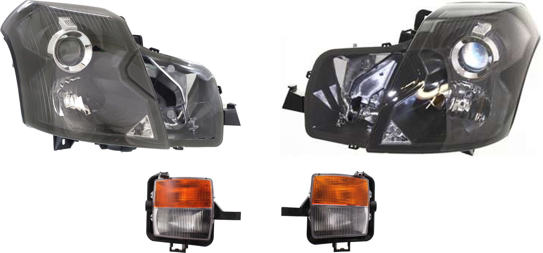 Headlight Assembly Kit for 2003-2007 Cadillac CTS, Right (Passenger) and Left (Driver), Halogen, 4-Piece with Fog Lights, Replacement