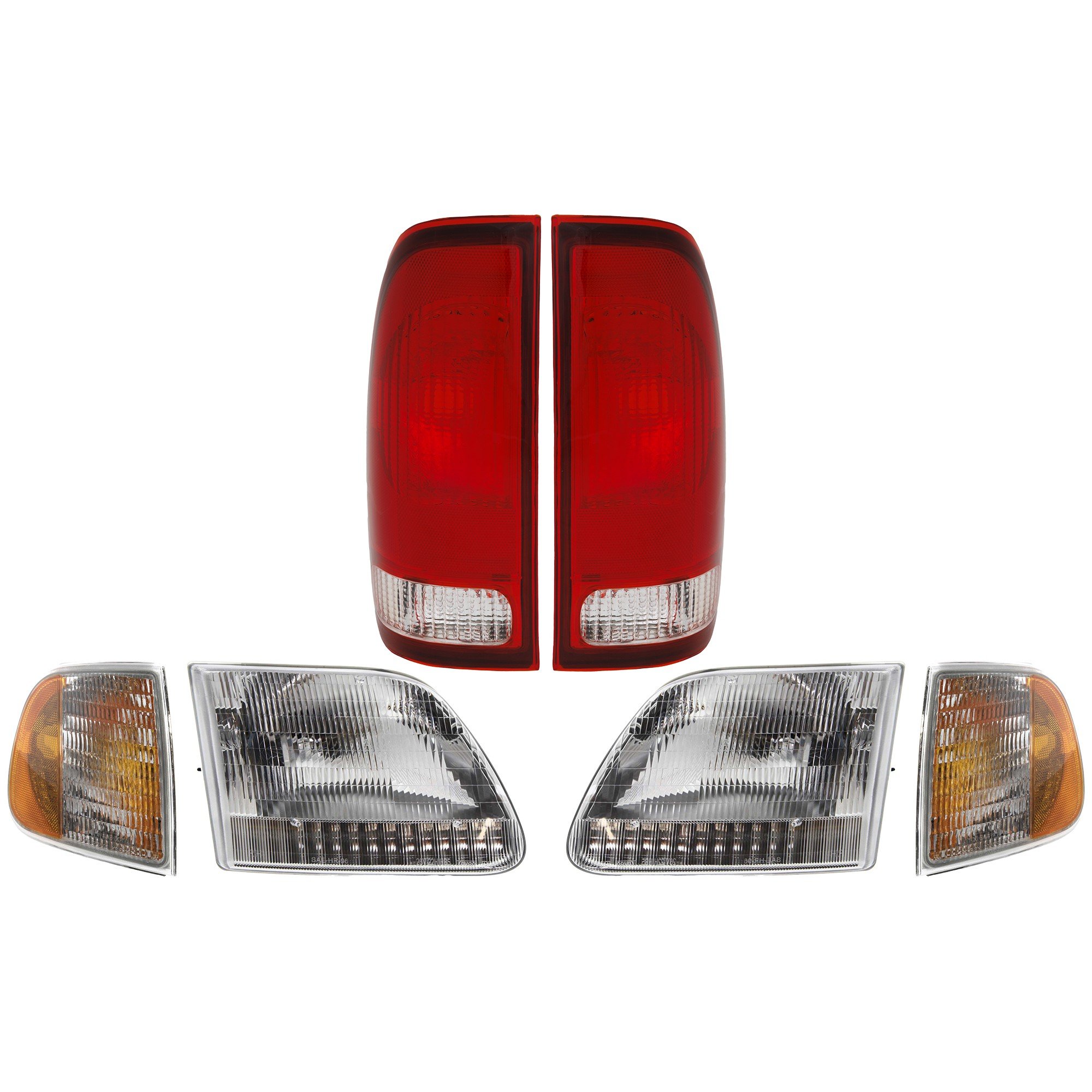 Headlight Kit for 1997-2003 Ford F-Series, Right (Passenger) & Left (Driver) with Bulbs, 6-Piece Set includes Corner and Tail Light Replacement. Fits F-150, F-250, F-350