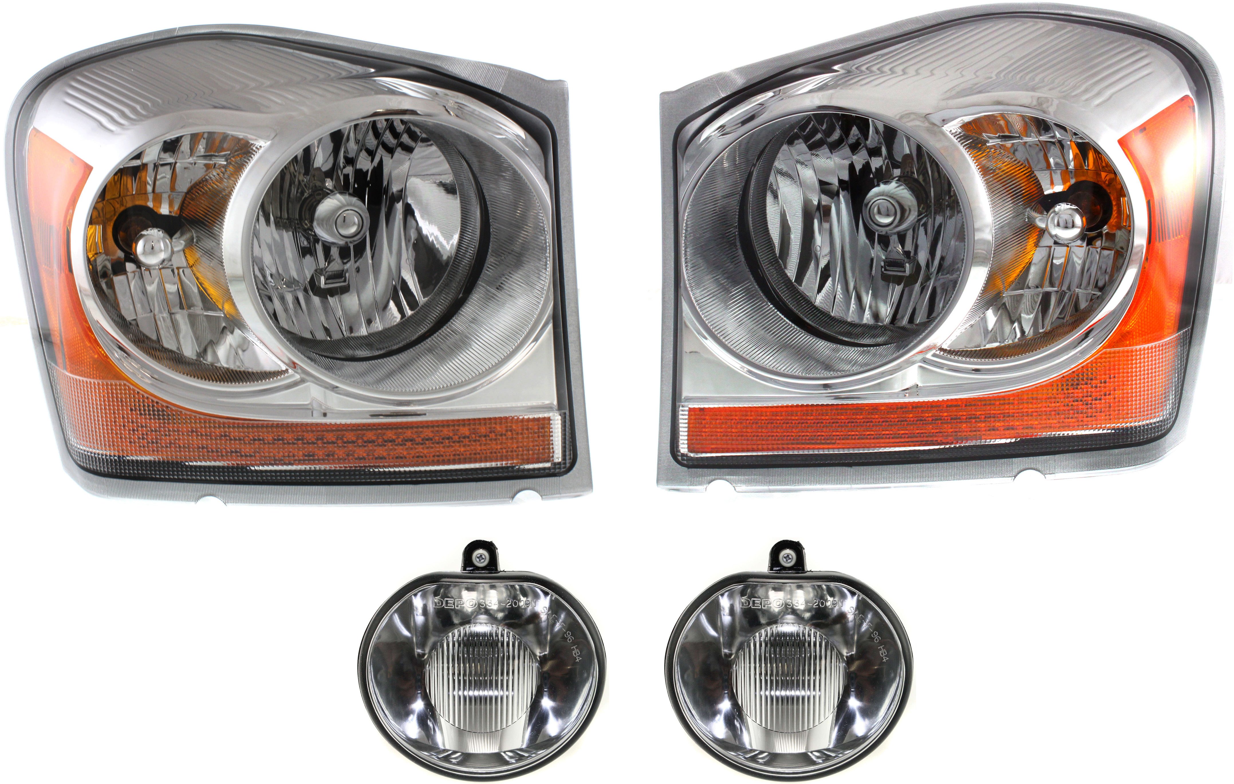Headlight Assembly for 2006 Dodge Durango, Right (Passenger) and Left (Driver), 4-Piece Kit, Halogen, with Fog Lights, Replacement