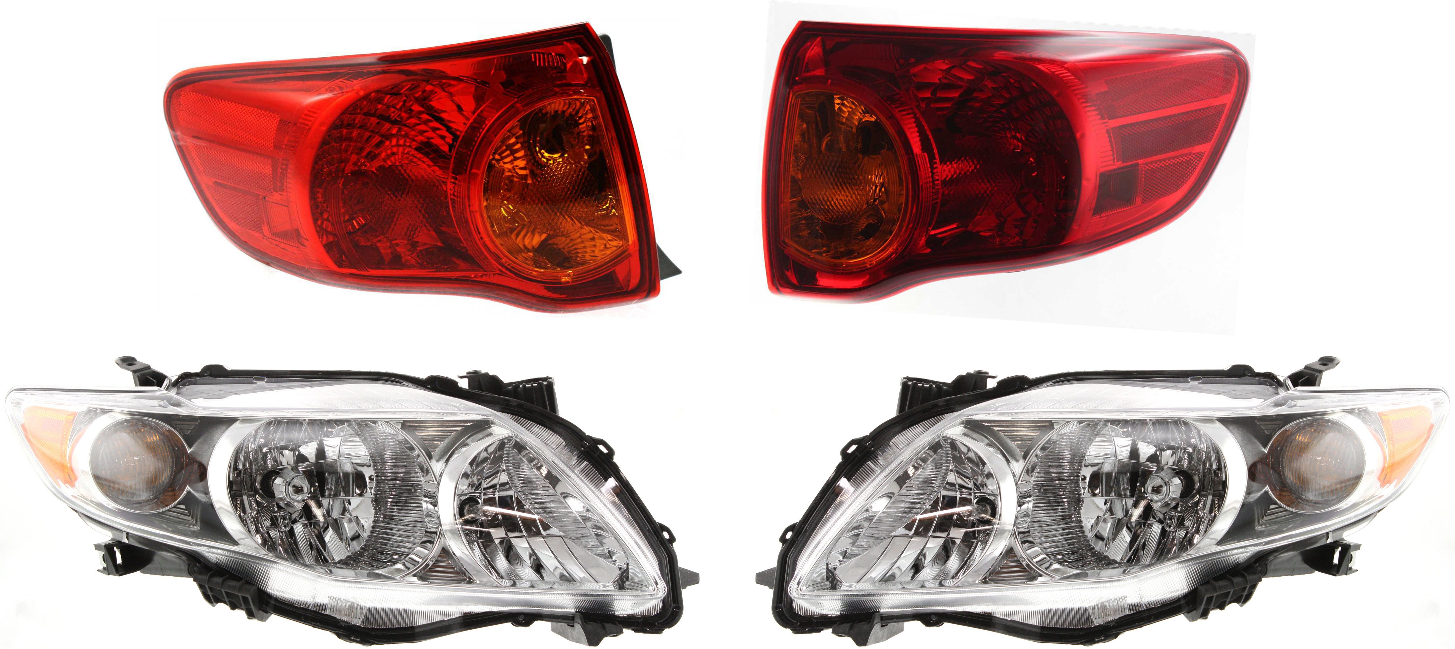 Headlight and Tail Light Assembly Kit for 2009-2010 Toyota Corolla, Right (Passenger) and Left (Driver), Halogen, 4-Piece Set, Replacement