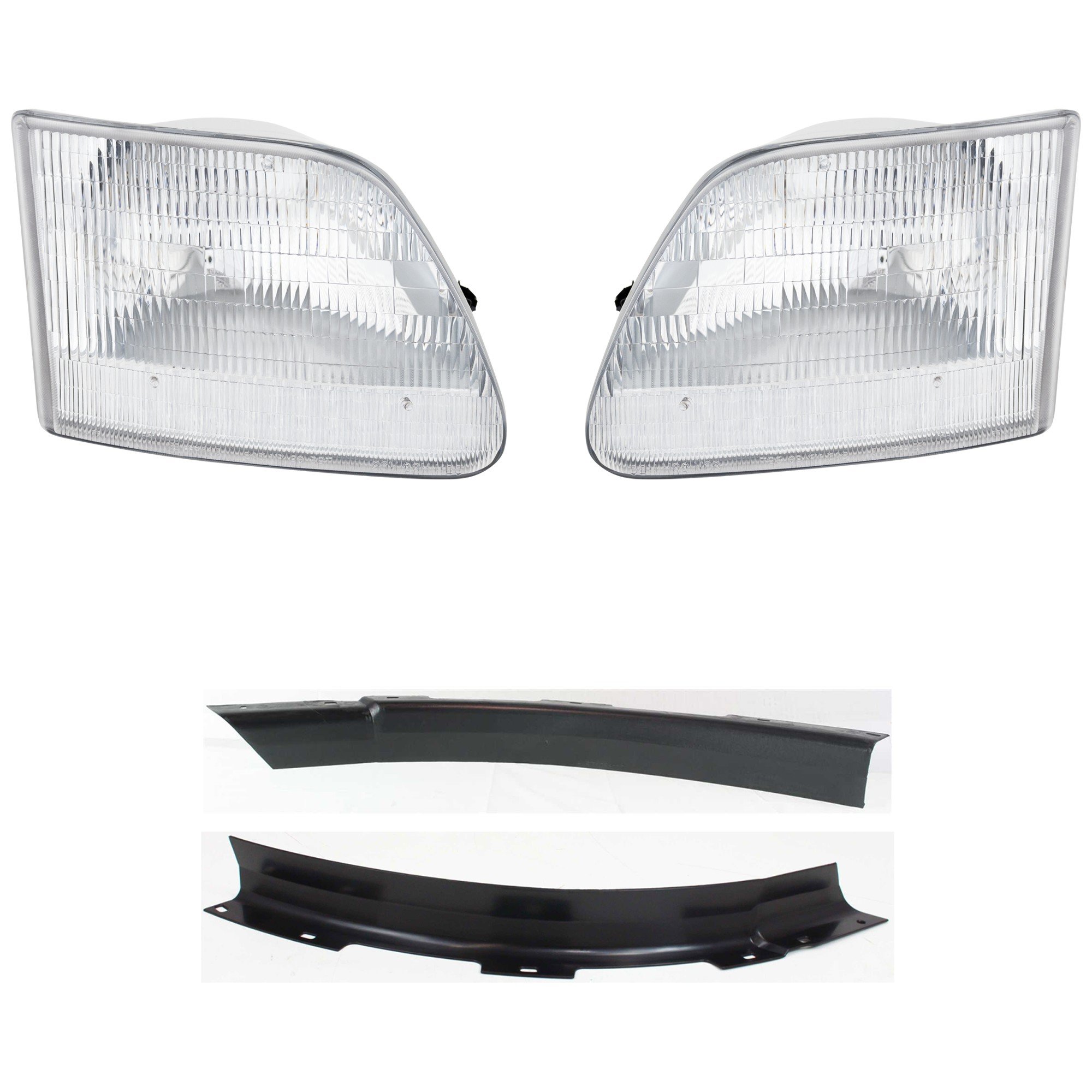 Headlight Assembly Kit for 1997-2002 Ford Expedition, 1997-2003 F-150, Right (Passenger) and Left (Driver), 4-Piece, Halogen, Excludes STX, Heritage, Harley, King Ranch Models, Includes Bumper Trim, Replacement