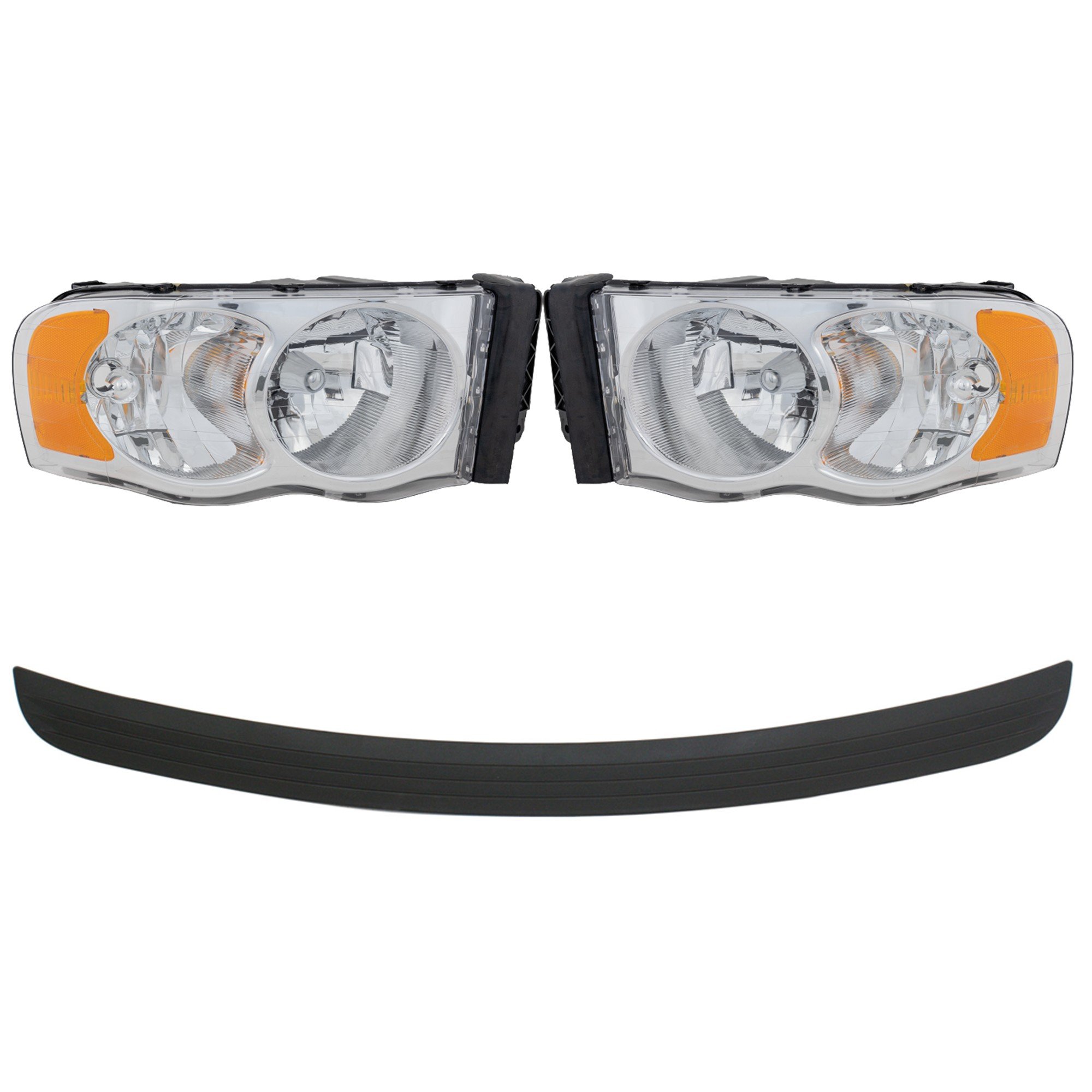 Headlight Assembly Kit for 2002-2005 Dodge Ram 1500, 2003-2005 Ram 2500/3500, Right (Passenger) and Left (Driver), 4-Piece, Halogen, Without Bulb and Wiring Harness for Side Marker Light, with Bumper Trim, Replacement