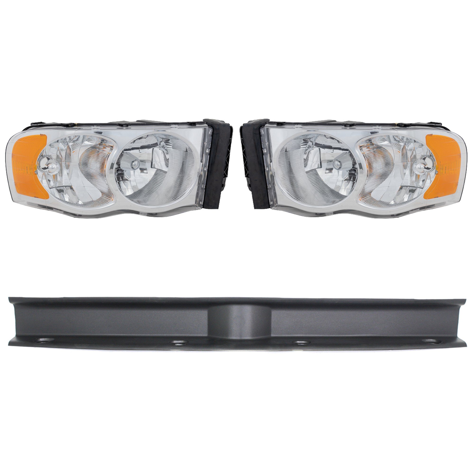 Headlight Assembly Kit for Dodge Ram 1500 (2002-2005) / Ram 2500/3500 (2003-2005), Right (Passenger) and Left (Driver), 3-Piece, Halogen, Without Bulb and Wiring Harness for Side Marker Light, with Bumper Trim, Replacement 