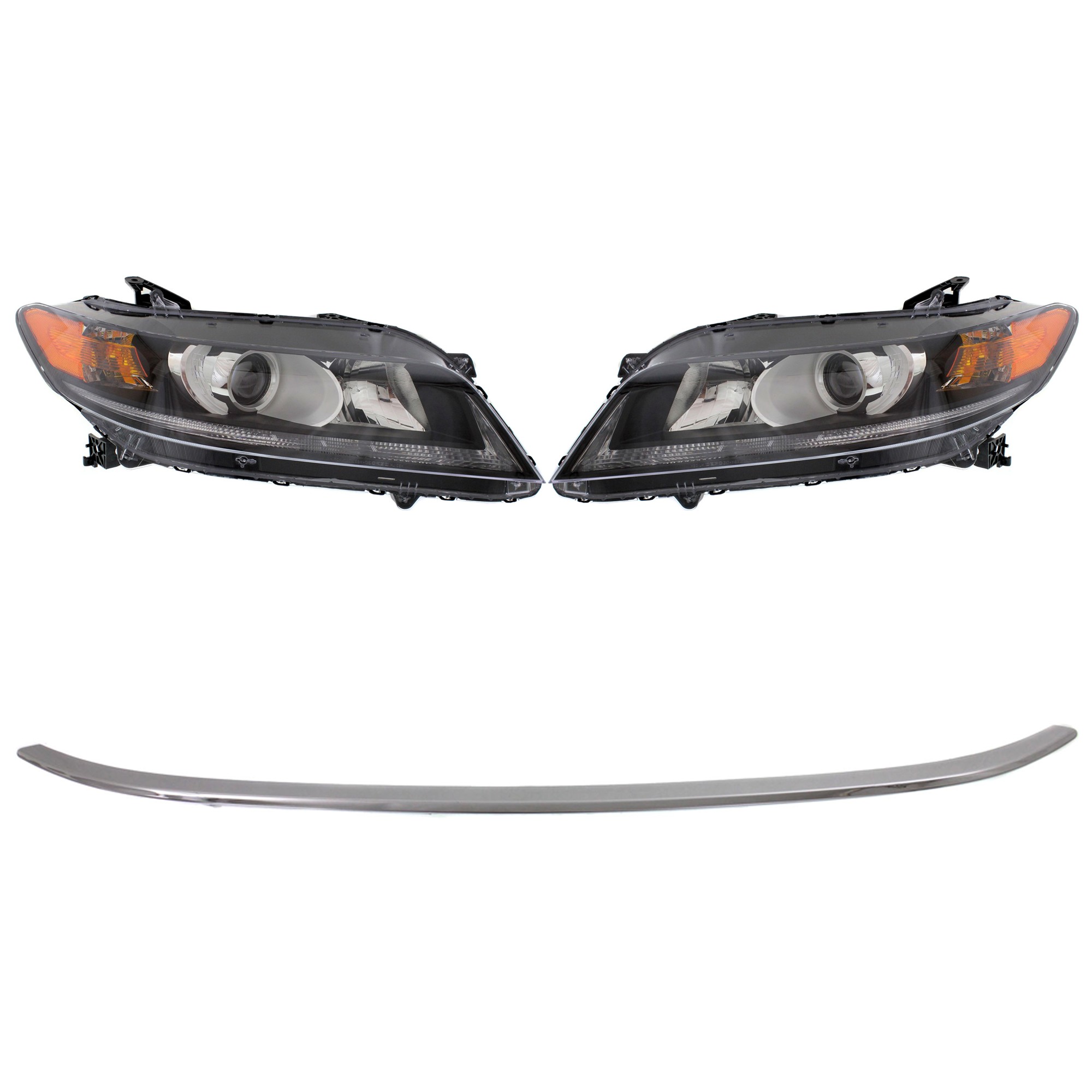 Headlight Assembly Kit for 2013-2015 Honda Accord Coupe, 4-Cyl., 4-Piece Set, Includes Right (Passenger), Left (Driver) Headlights, Halogen, with Bumper Trim, Exc. Touring Models, Replacement