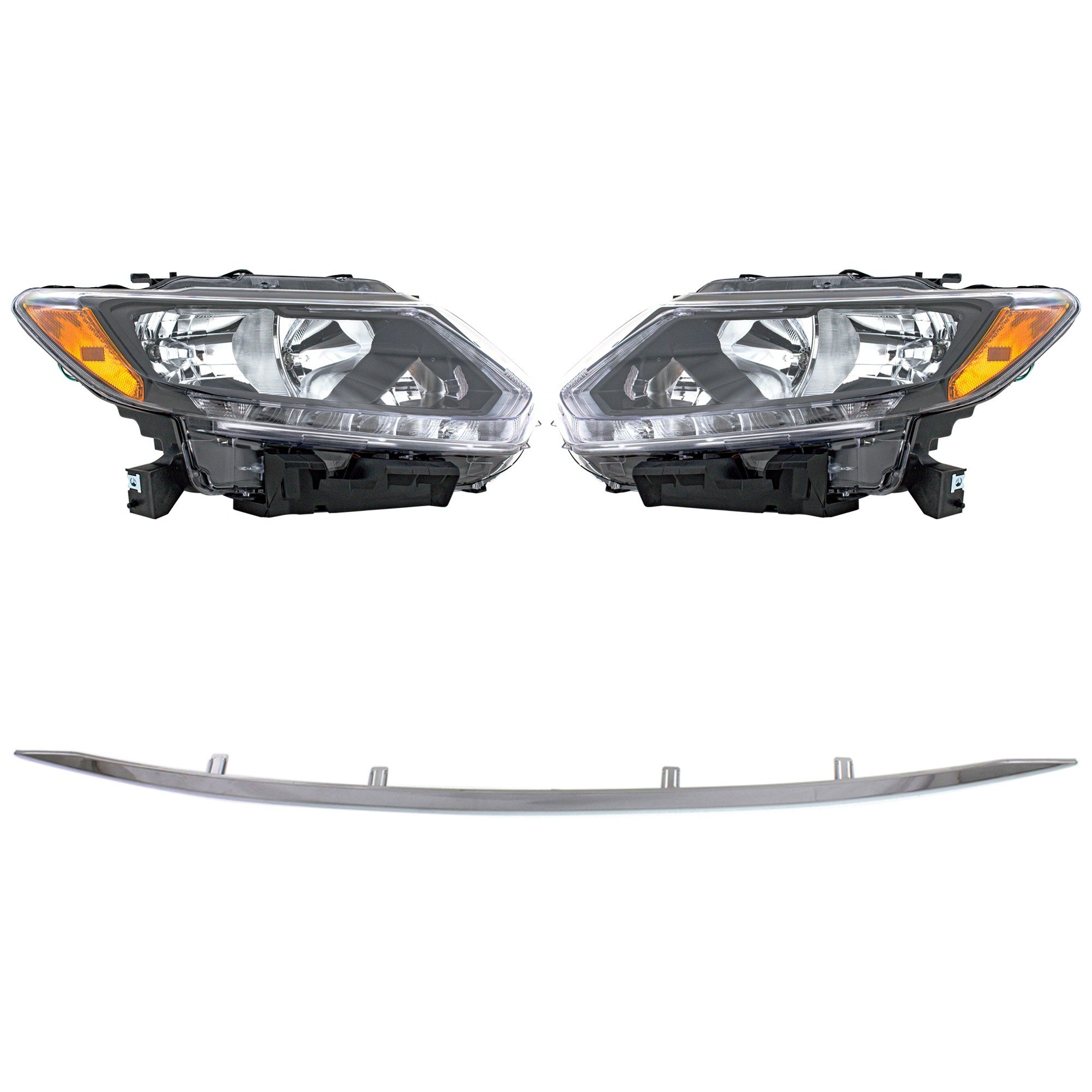 Headlight Assembly for 2014-2016 Nissan Rogue, Right (Passenger) and Left (Driver), 4-Piece kit with Halogen and Bumper Trim, Replacement
