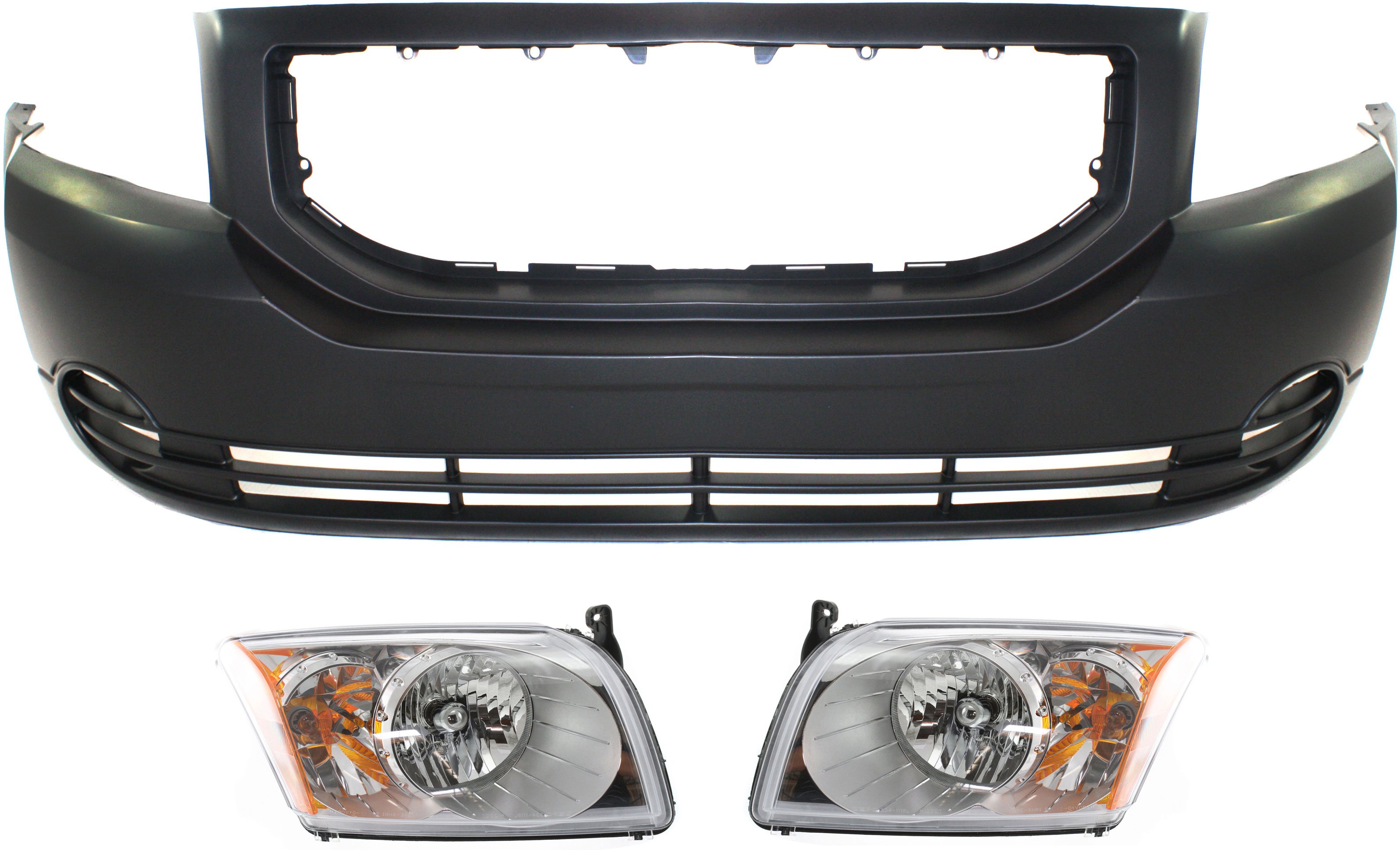Headlight Assembly Kit for Dodge Caliber 2007-2012, Right (Passenger) and Left (Driver), 3-Piece, Halogen, with Bumper Cover Replacement