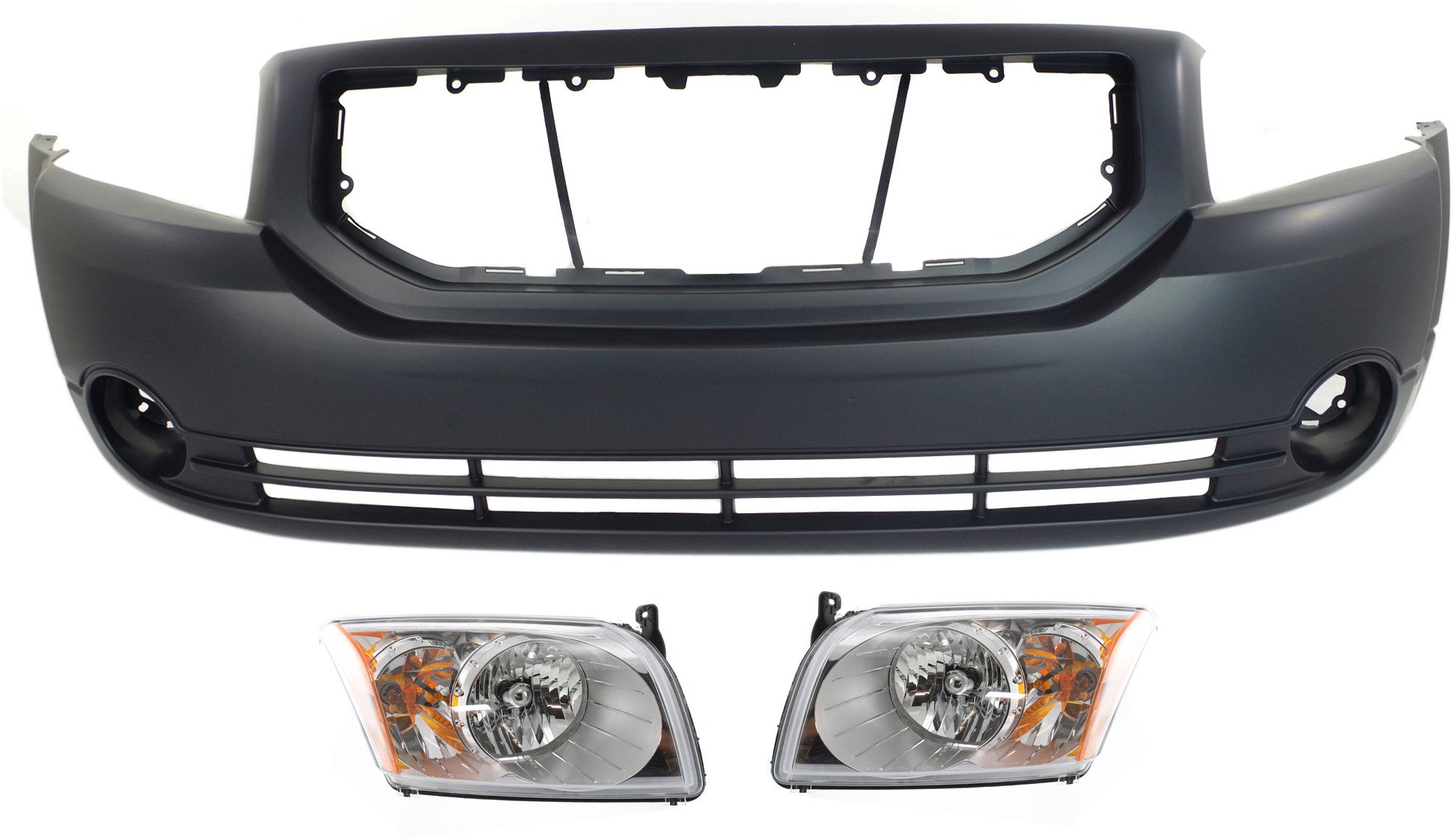 Front Bumper Cover Kit for Dodge Caliber 2007-2012, 3-Piece with Headlights, Replacement