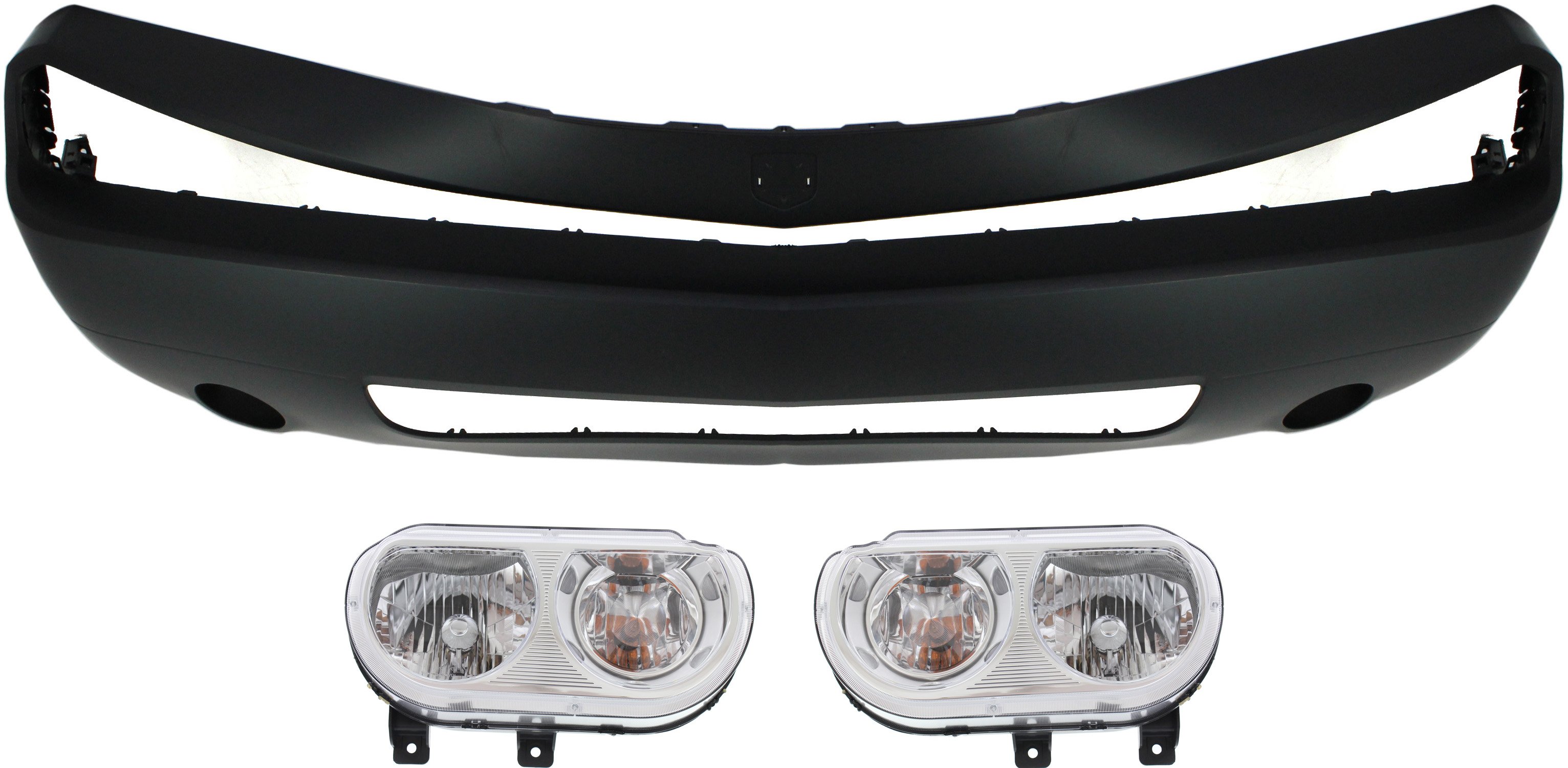 Front Bumper Cover for Dodge Challenger 2008-2010, 3-Piece Kit with Headlights, Replacement