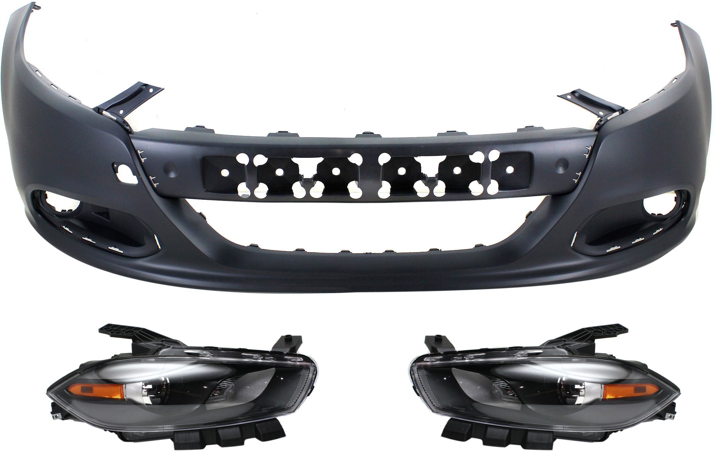 Headlight Kit for Dodge Dart 2013-2016, Right (Passenger) and Left (Driver), Lens and Housing, Xenon, 3-Piece with Bumper Cover, Replacement