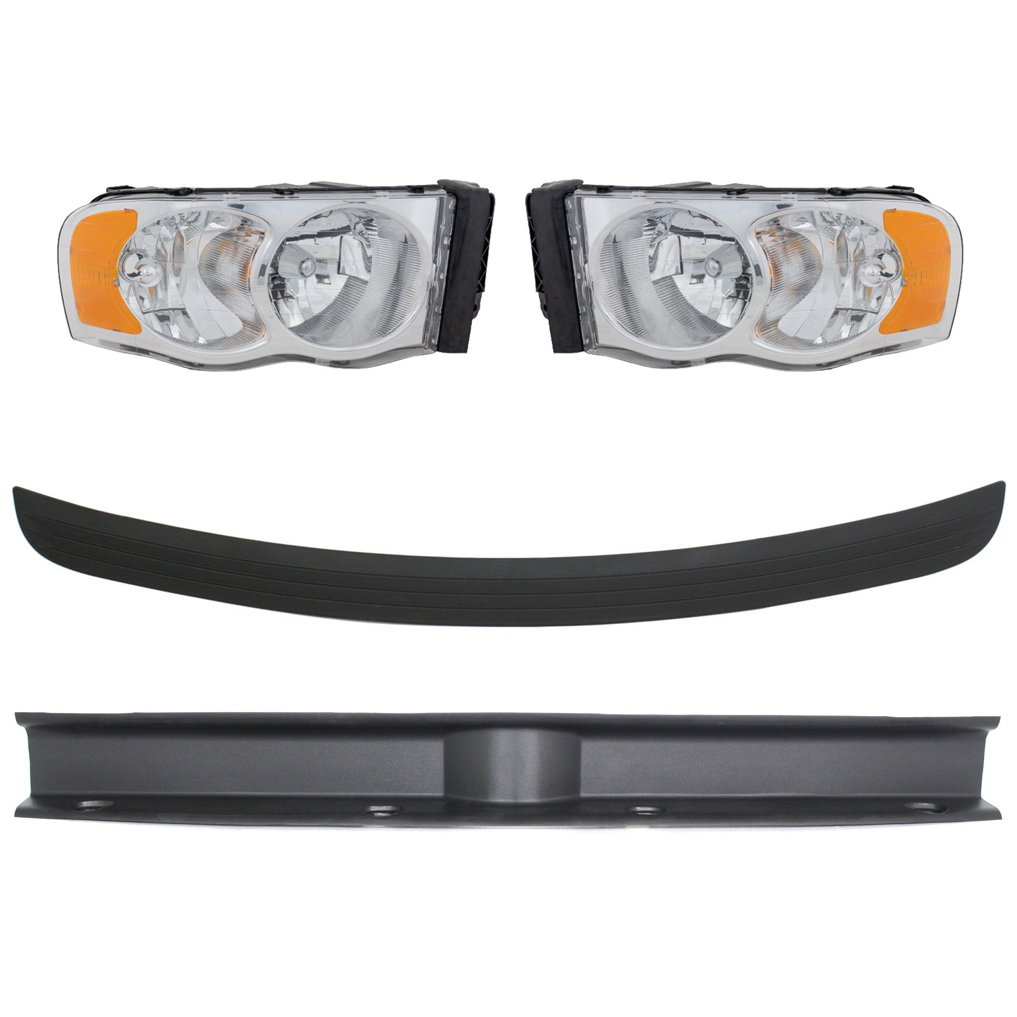 Headlight Assembly Kit for Dodge Ram 1500 (2002-2005) / 2500/3500 (2003-2005), Right (Passenger) and Left (Driver), 5-Piece, Halogen, w/o bulb and wiring harness for side marker light, with Bumper Trim, Replacement