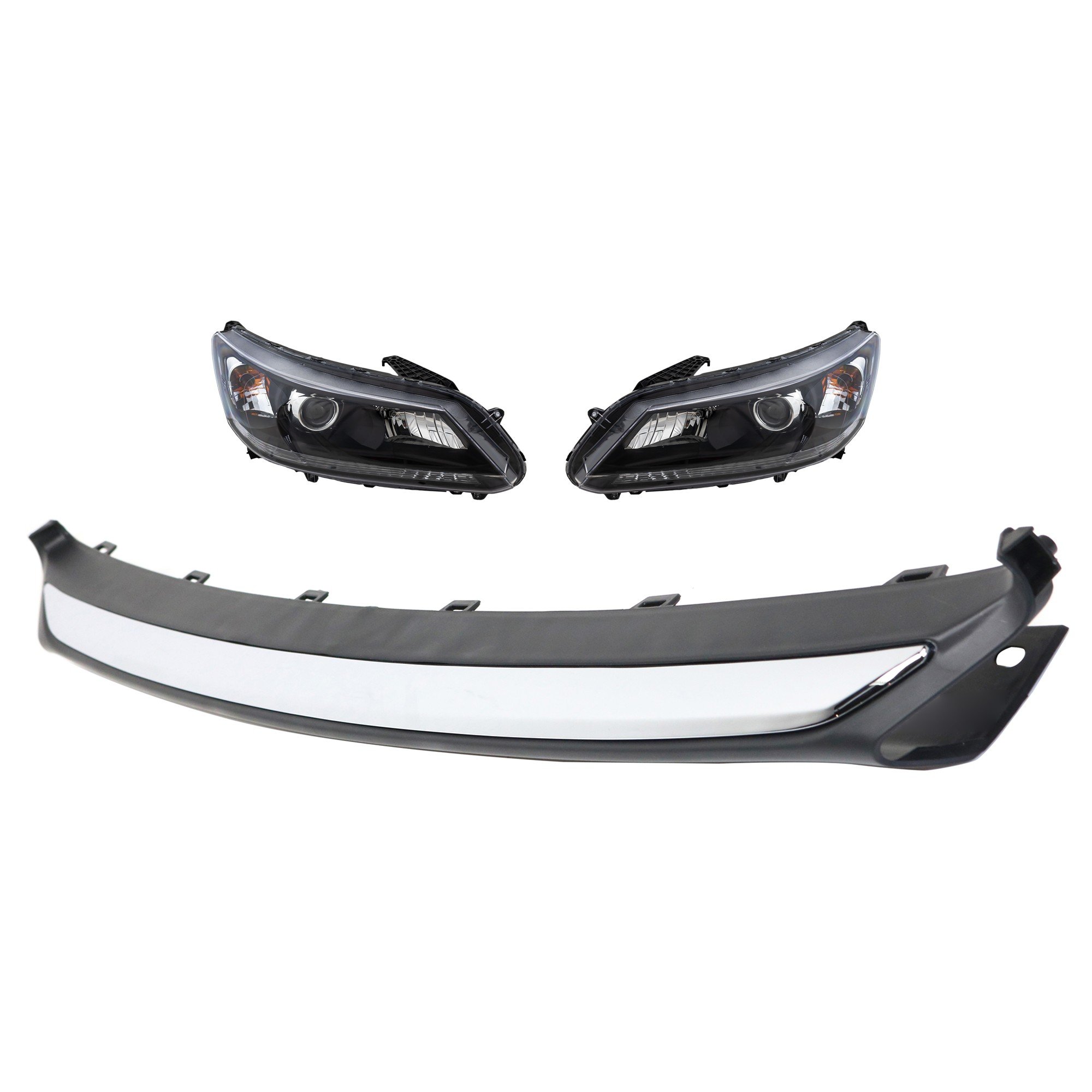 Headlight Assembly for Honda Accord 2013-2015, Right (Passenger) and Left (Driver), 3-Piece Kit, Halogen, with Bumper Trim. Replacement