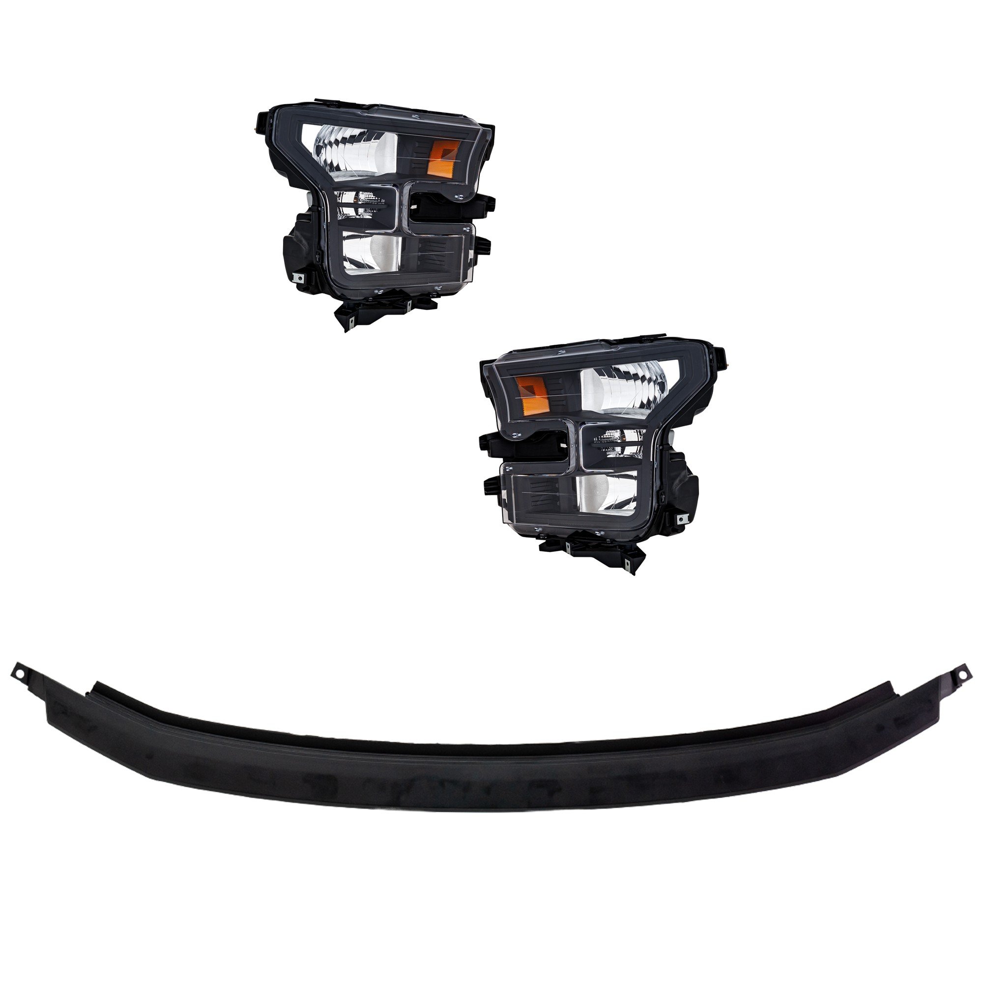 Headlight Kit for Ford F-150 2015-2017, Right (Passenger) and Left (Driver), 4-Piece Set, Lens and Housing, Halogen, with Day Time Running Light, Black Bezel, Includes Bumper Trim, Replacement