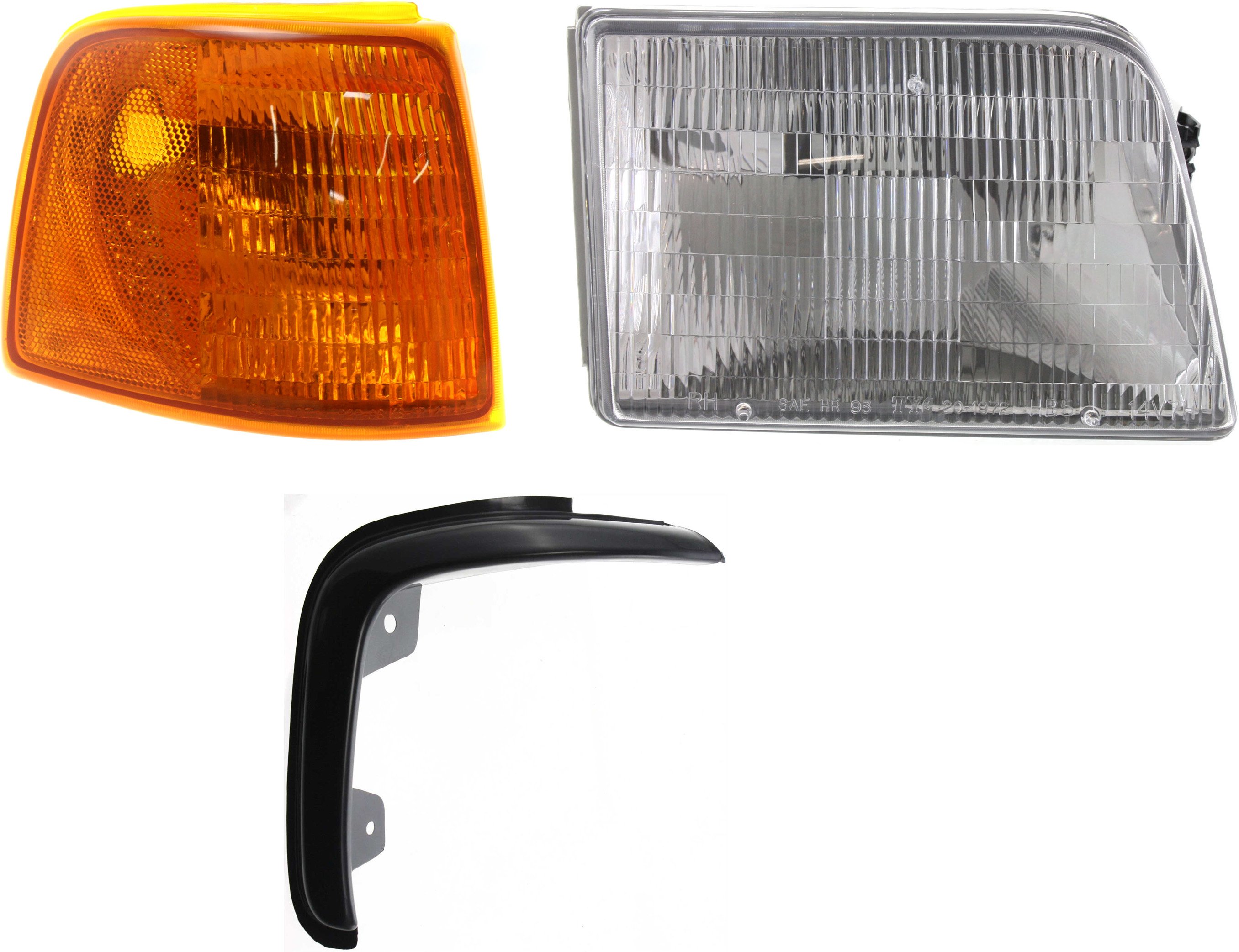 Headlight Assembly for 1995-1997 Ford Ranger, Right (Passenger), Halogen, 3-Piece Kit with Corner Light and Grille Assembly, Replacement