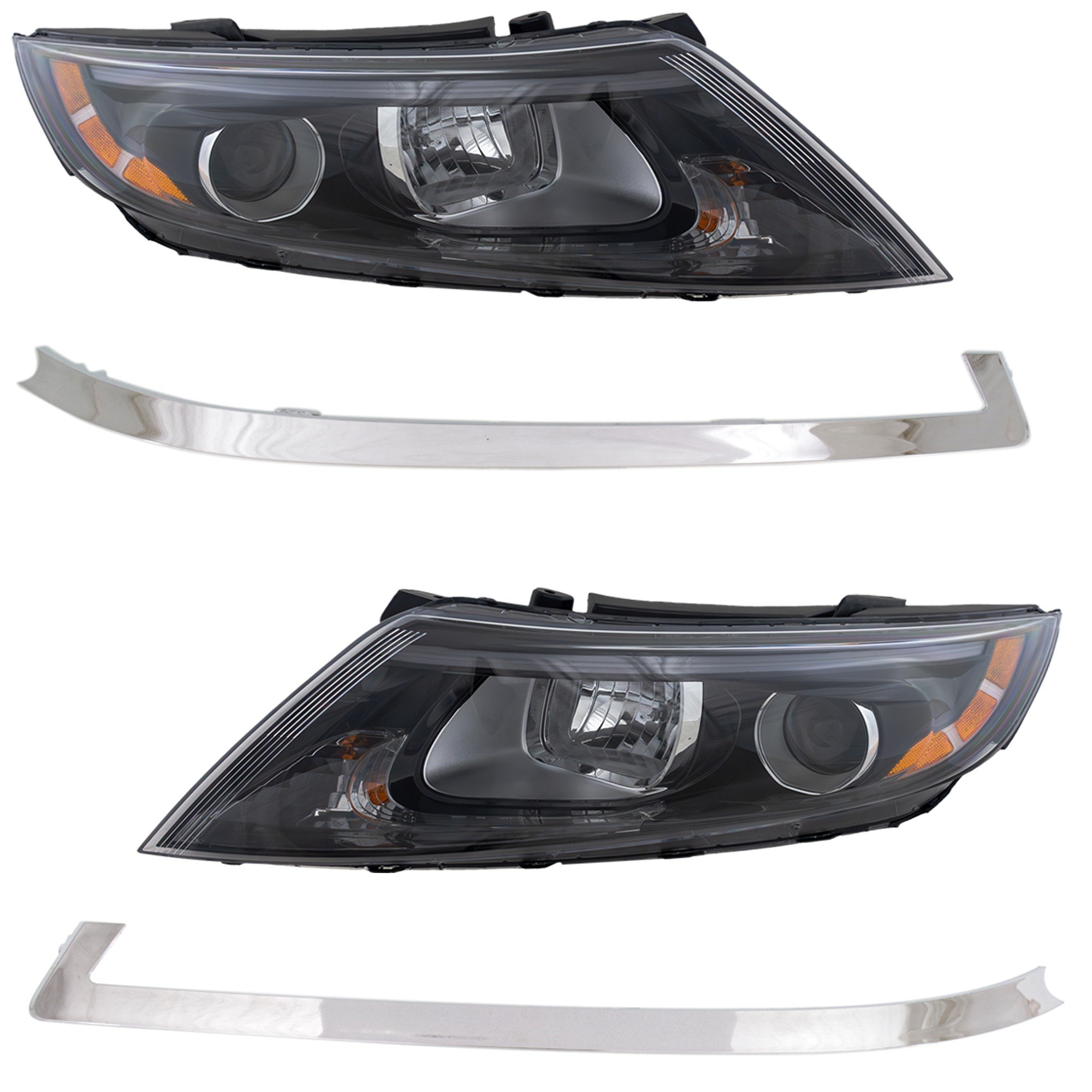 Headlight Assembly for KIA Optima 2014-2015, Right (Passenger) and Left (Driver), 4-Piece kit, Halogen, Without LED Position (Parking) Light, with Bumper Trim Replacement