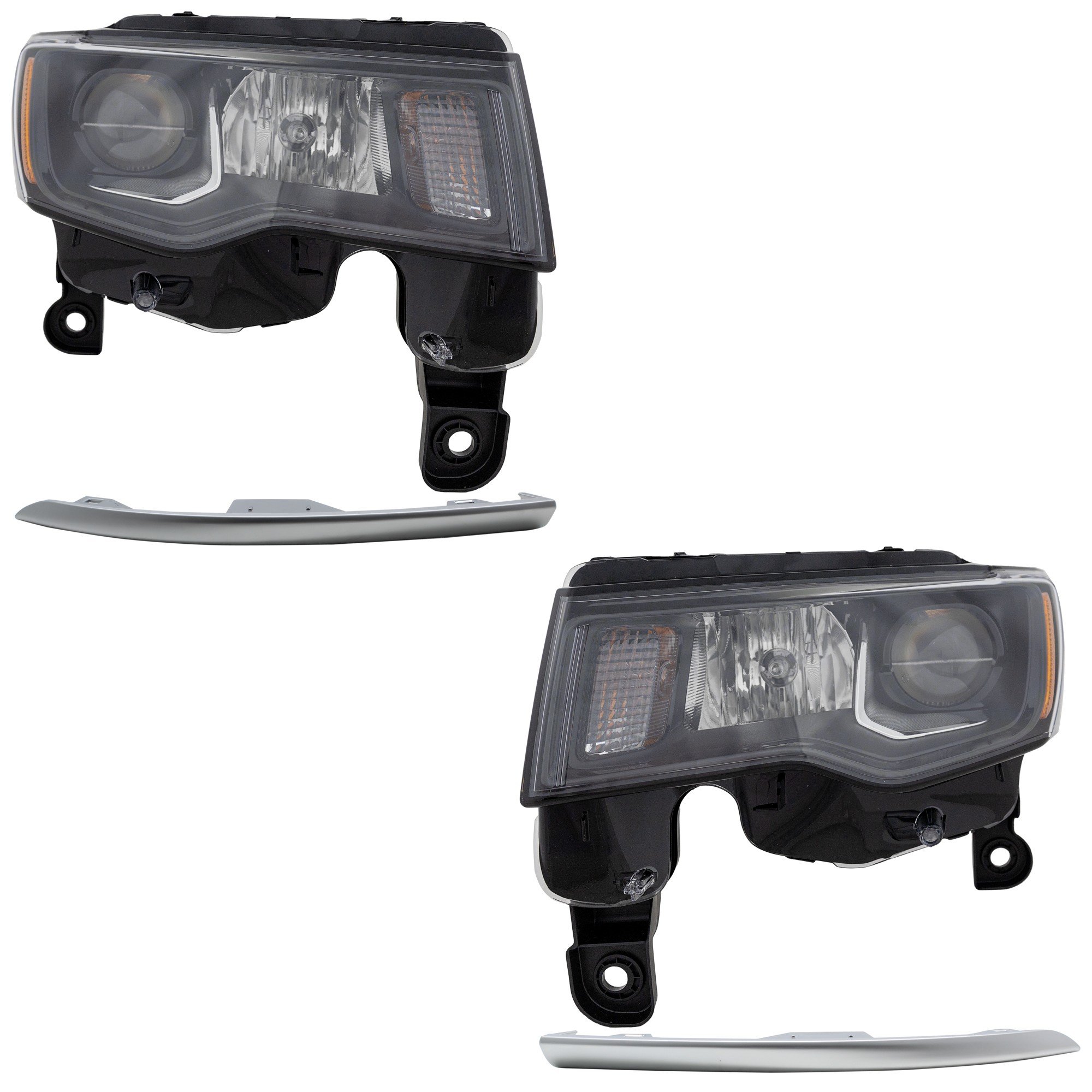 Headlight Assembly for Jeep Grand Cherokee (2017-2021), Right (Passenger) and Left (Driver), 4-Piece Kit, Halogen, with Bumper Trim, Replacement