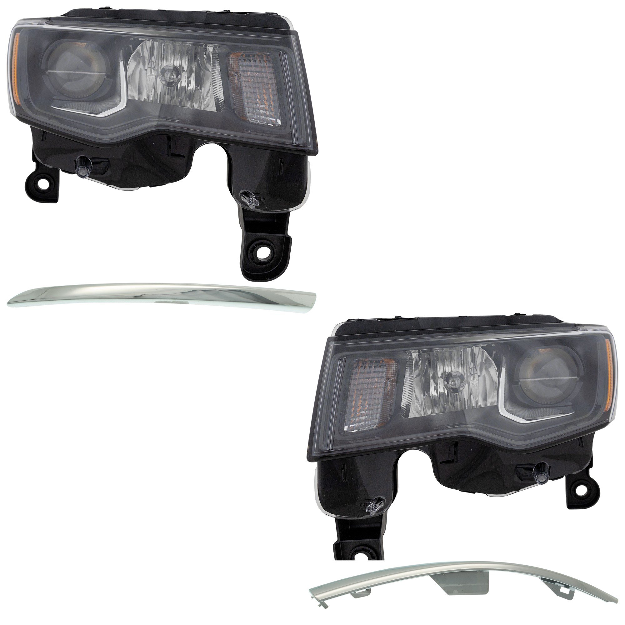 Headlight Assembly Kit for 2017-2021 Jeep Grand Cherokee, Right (Passenger) and Left (Driver), 4-Piece Set with Halogen Bulbs and Bumper Trim, Replacement